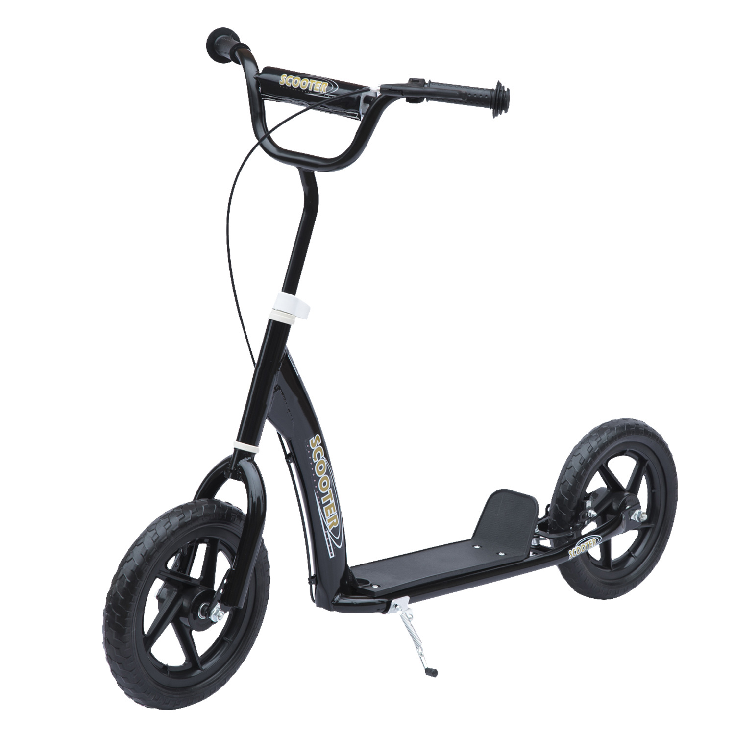 HOMCOM, trotinetă pentru copii, pneuri 30 cm, ghidon reglabil, mâner, frână, suport lateral, oțel, pentru copii de la 5 ani, negru | Aosom Romania