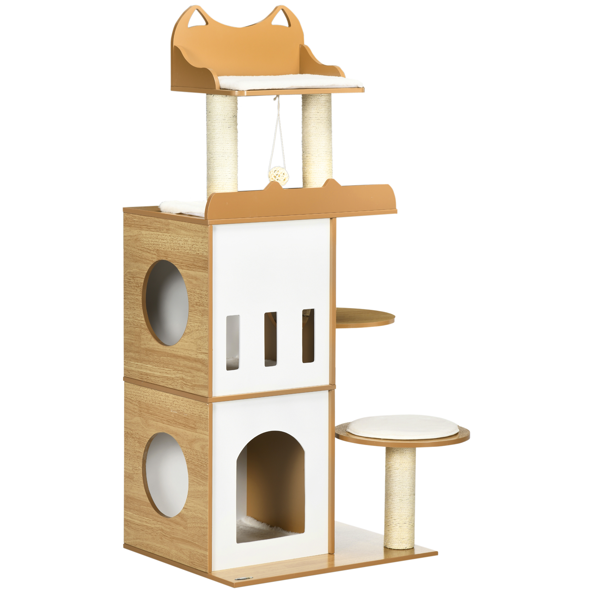 PawHut Árbol Rascador para Gatos 133 cm con Cuevas Plataformas Bola Colgante y Postes de Sisal 60x48x133 cm Roble