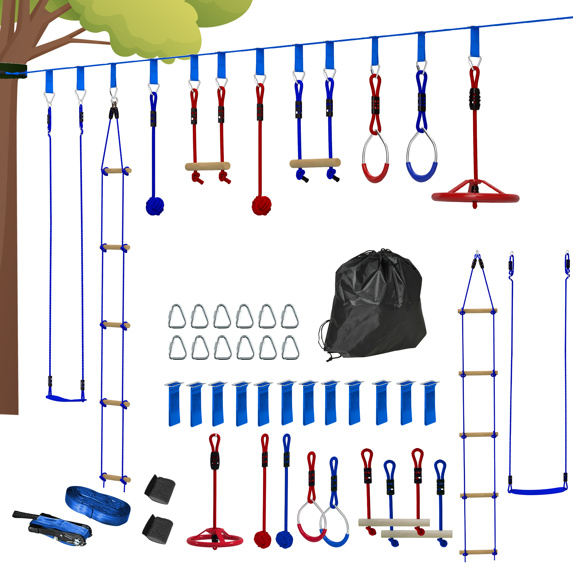 AIYAPLAY Parcurs de obstacole ninja pentru copii 10 accesorii 10 m, slackline și geantă de transport, albastru | Aosom Romania