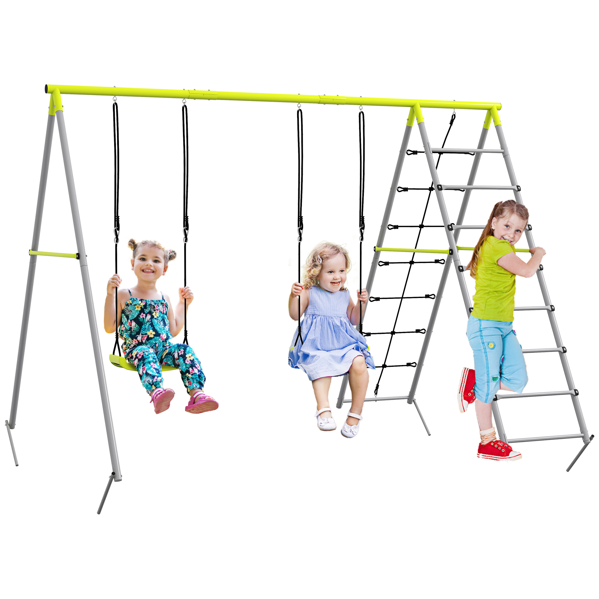 Outsunny 4 în 1 balansoar portic pentru copii cu 2 șezlonguri de balansoar, scară cățărătoare și plasă de escaladă verde | Aosom Romania