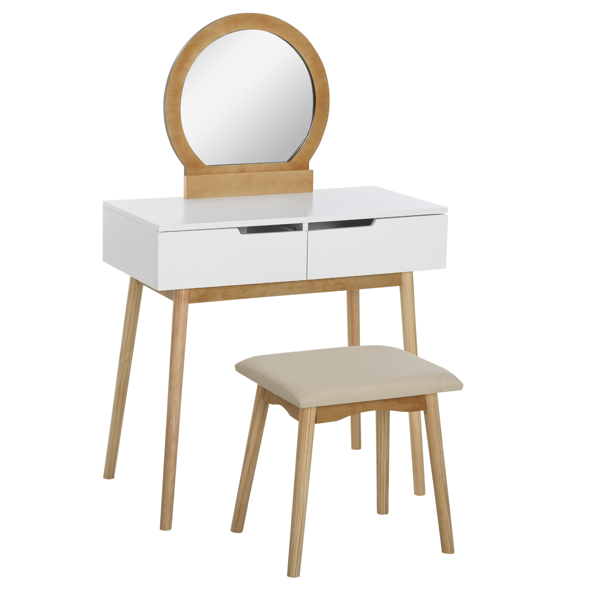 HOMCOM Coafetoare Design scandinav Masă de Machiaj cu Oglindă, 2 sertare și Taburet Alb pin Deschis | Aosom Romania