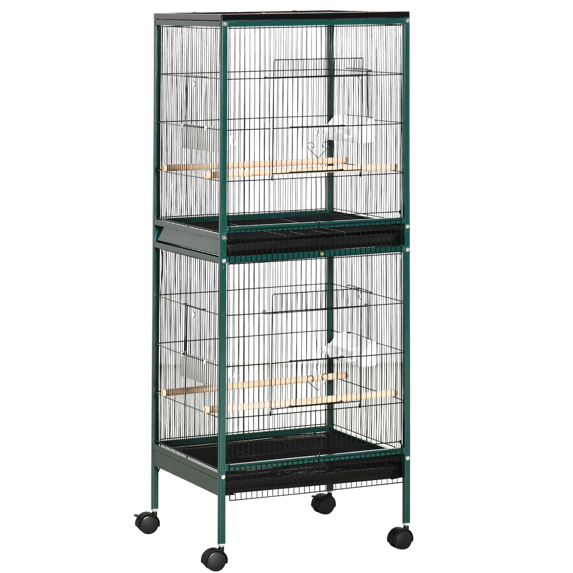 PawHut Grande Cage à Oiseaux sur pied double avec mangeoires perchoirs plateau amovible roulettes – Dim. 51,5L x 50l x 140H cm
