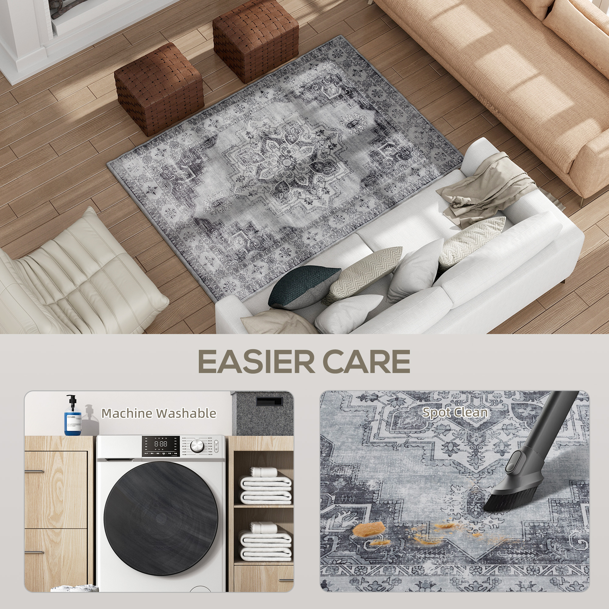 HOMCOM Vintage Area Rug, Non-Slip Washable Rug, Flannel Floor Carpet for Living Room, Bedroom, Dining Room, Home Office, 170 x 120 cm, Grey 5