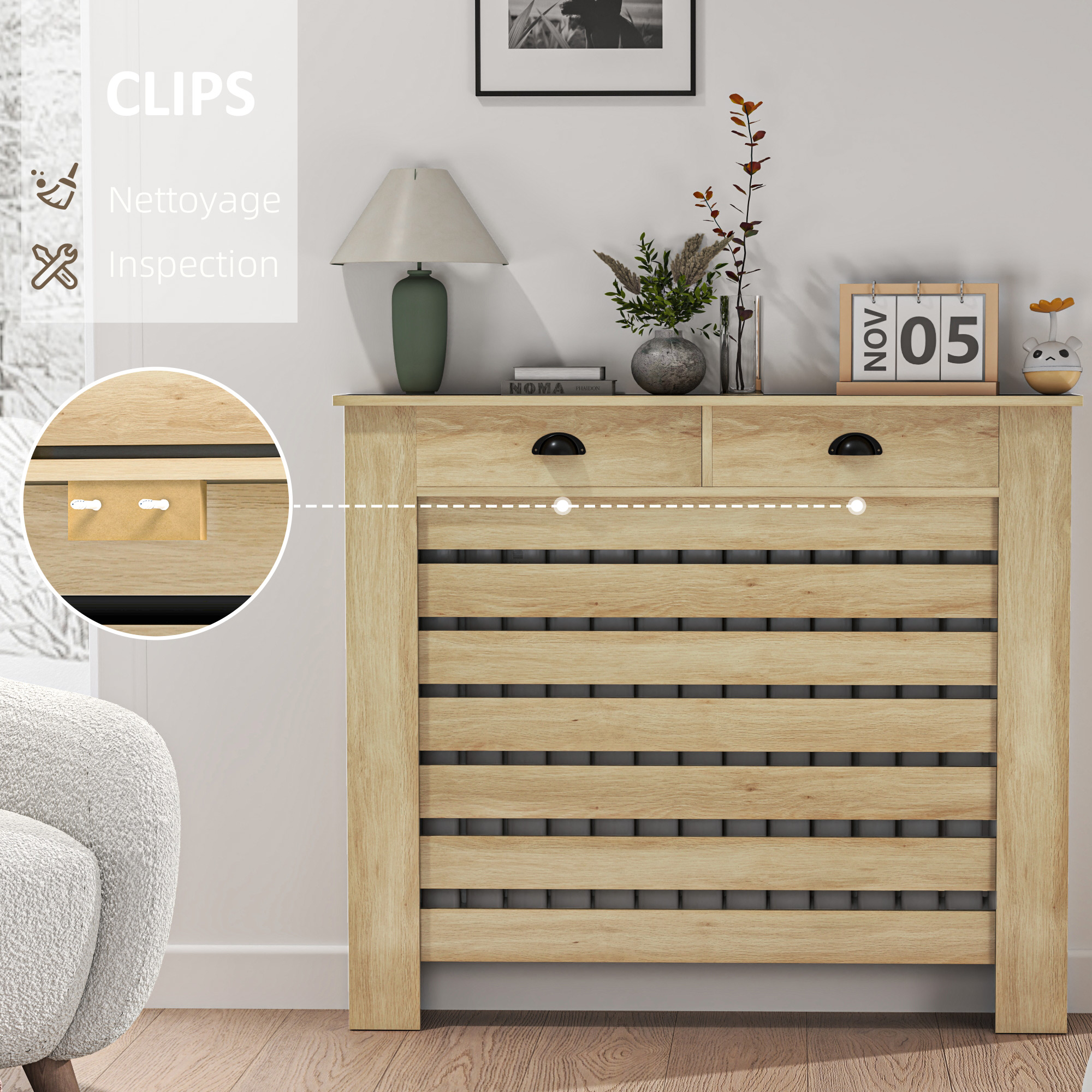 Cache Radiateur HOMCOM Avec Placards Rabattables Et Étagère - 108x19x95,5 Cm Blanc - Style Moderne