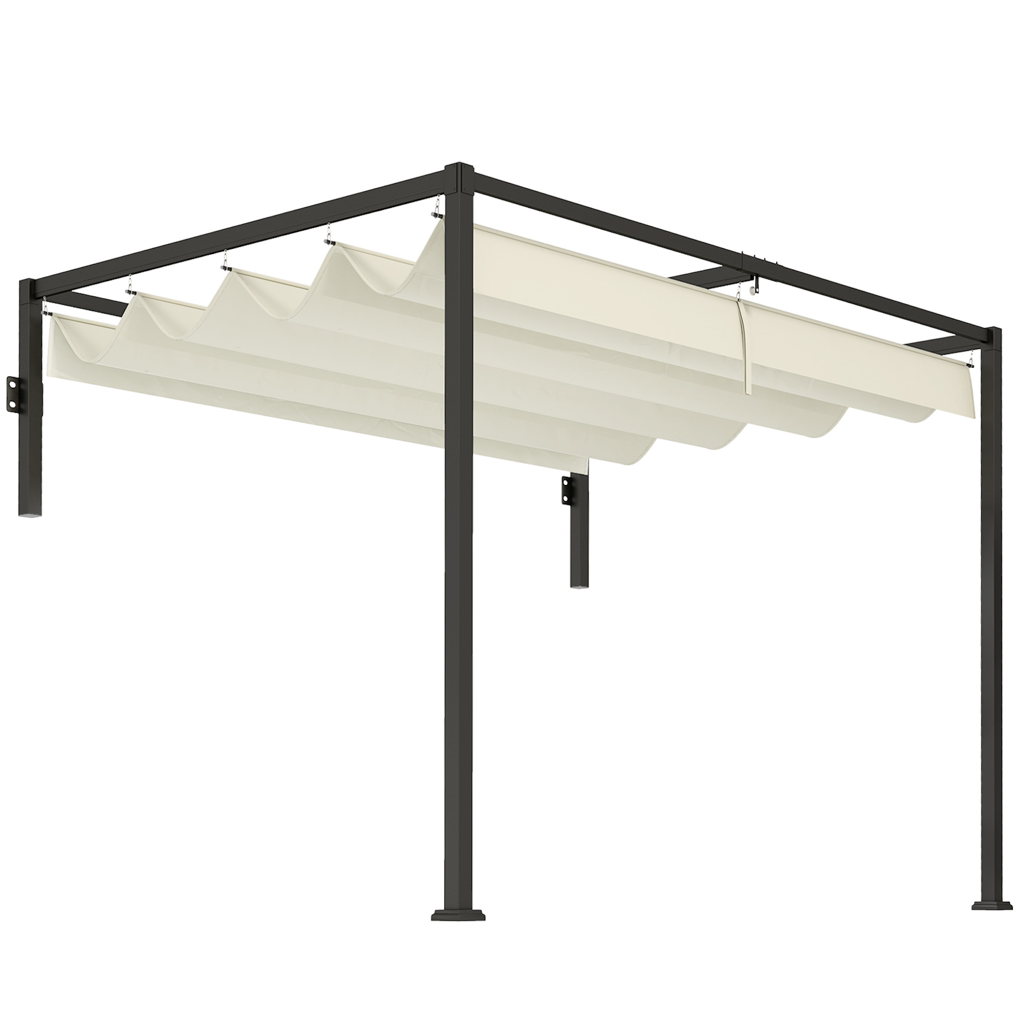 Outsunny Pérgola de Pared 3x2 m con Techo Retráctil Tela de Poliéster Resistente al Agua para Jardín Patio Crema
