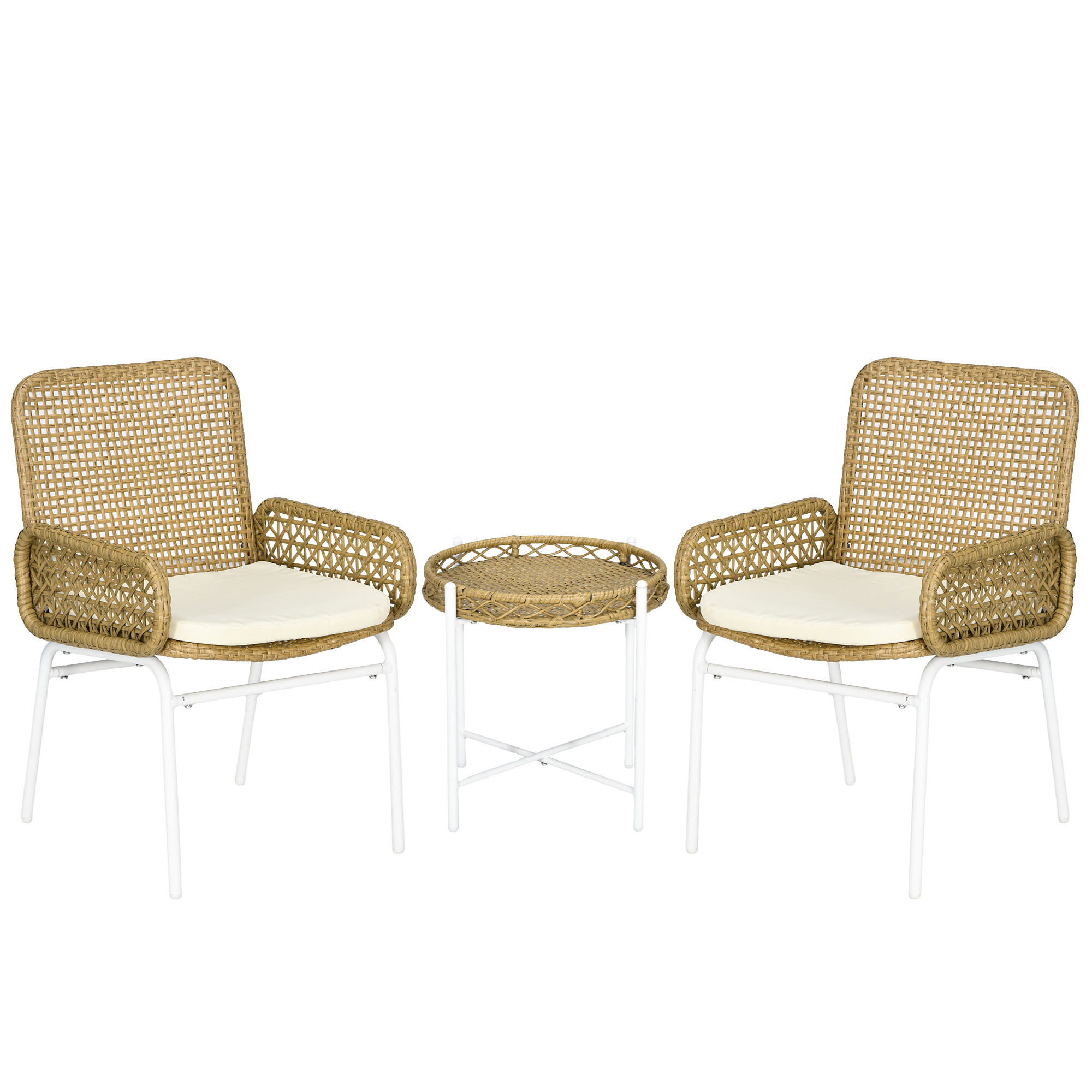 Outsunny Juego de 3 Piezas Sillas y Mesa de Ratán con 2 Sillas 1 Mesa de Centro y Cojines para Terraza Patio Natural   Aosom España