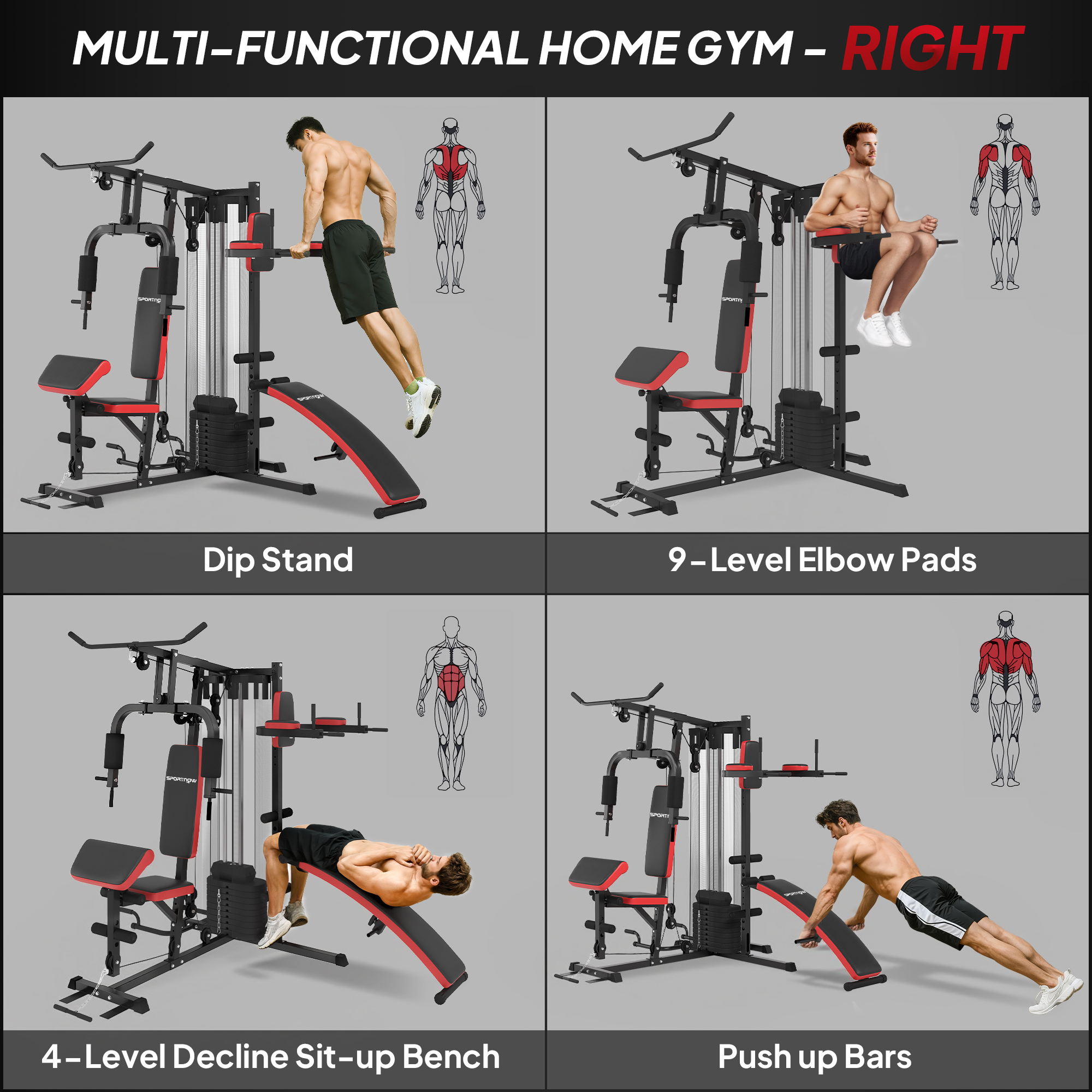 SPORTNOW Multi Gym Workout Station, Weight Machine with 65kg Weight Stack, Sit Up Bench, Push Up Stand, Dip Station 5