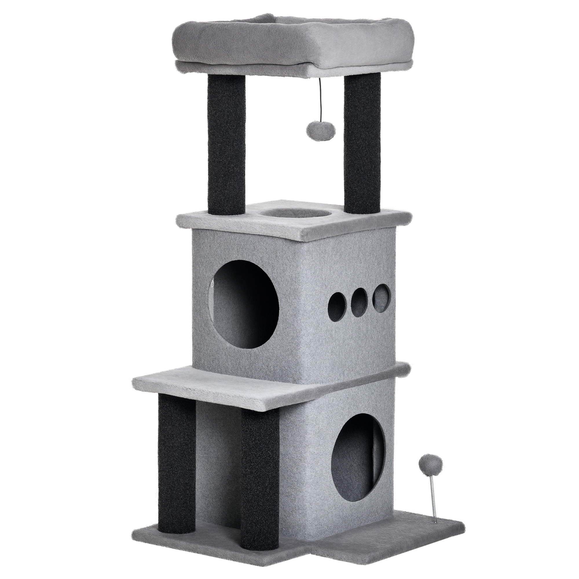 PawHut Arbre à chat griffoir chat 2 grandes niches avec housses amovibles 4 plateformes jeu de boule suspendue et boule à ressort gris Aosom France