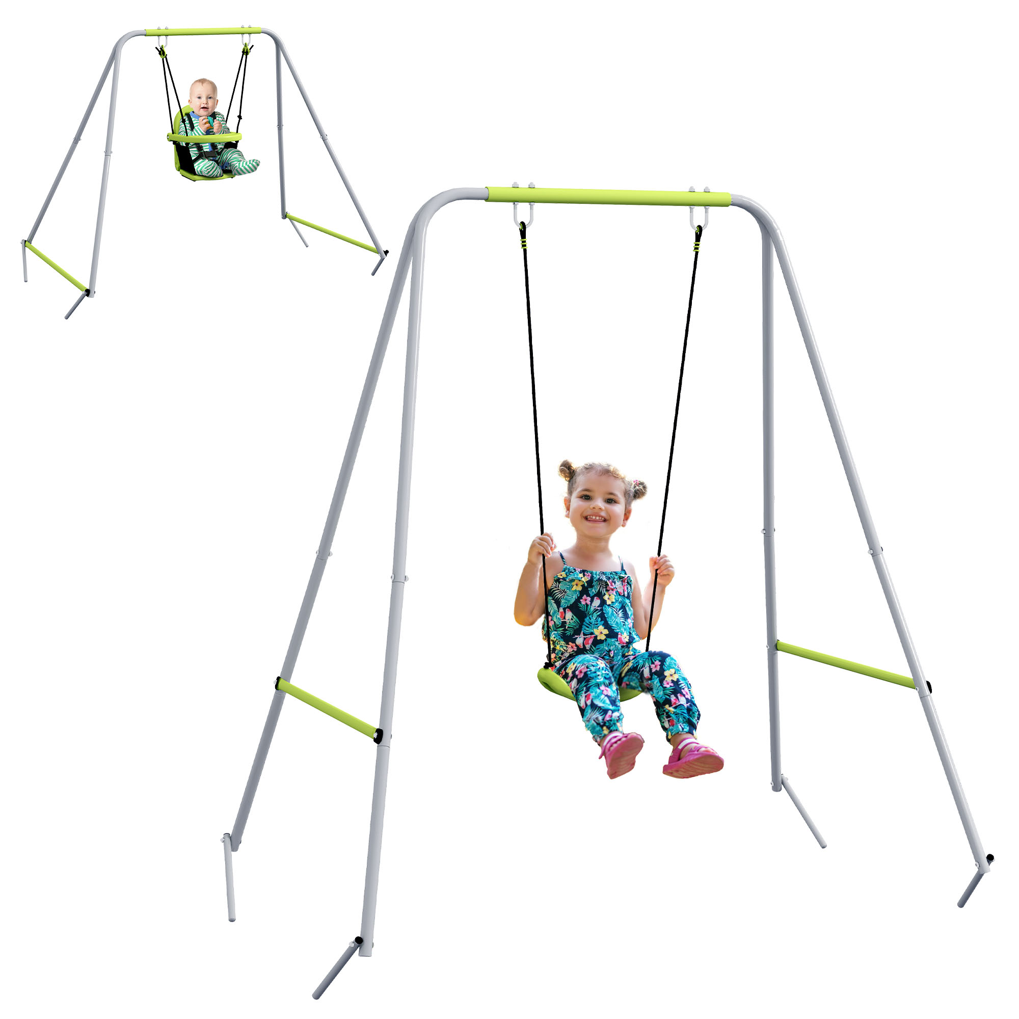 Outsunny Balansoar portic balansoar 2 în 1 pentru bebeluși curea de siguranță cu 5 puncte interior exterior verde | Aosom Romania