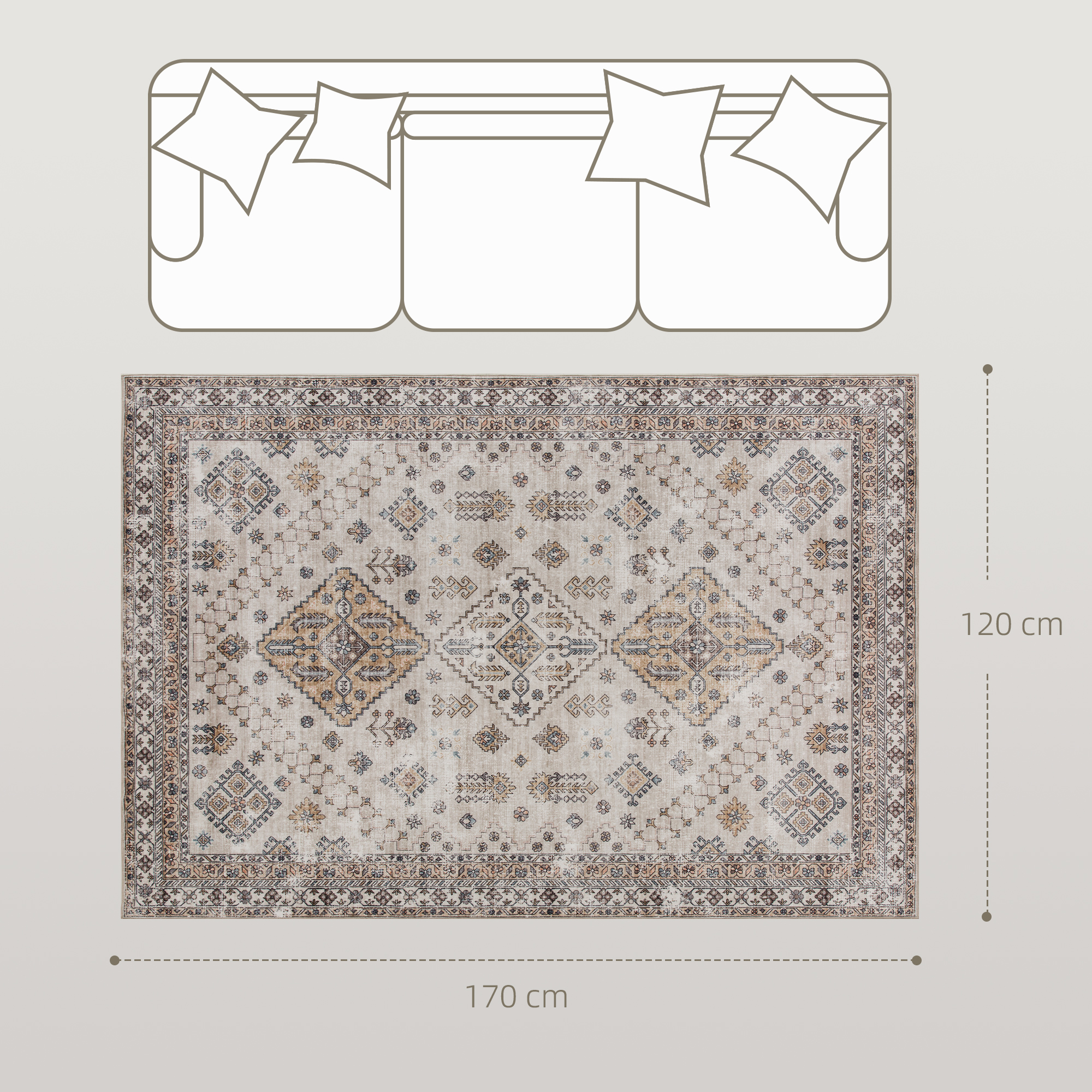 HOMCOM Vintage Area Rug, Non-Slip Washable Rug, Flannel Floor Carpet for Living Room, Bedroom, Dining Room, Home Office, 170 x 120 cm, Beige 3