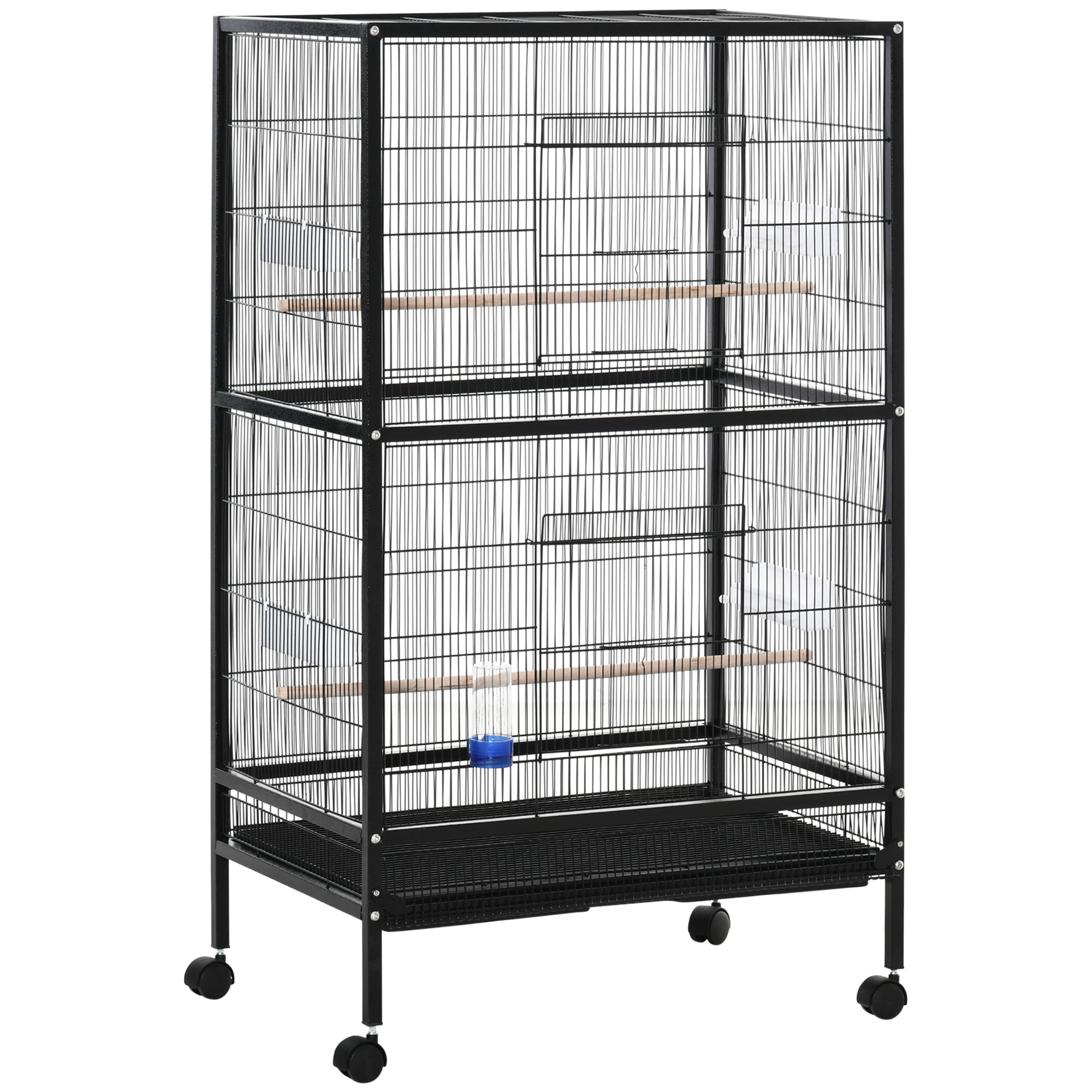 PawHut Jaula para Pájaros con 4 Ruedas Pajarera Metálica con Múltiples Puertas 4 Comederos Bebedero 2 Perchas y Bandeja 79x52x137 Negro | Aosom España