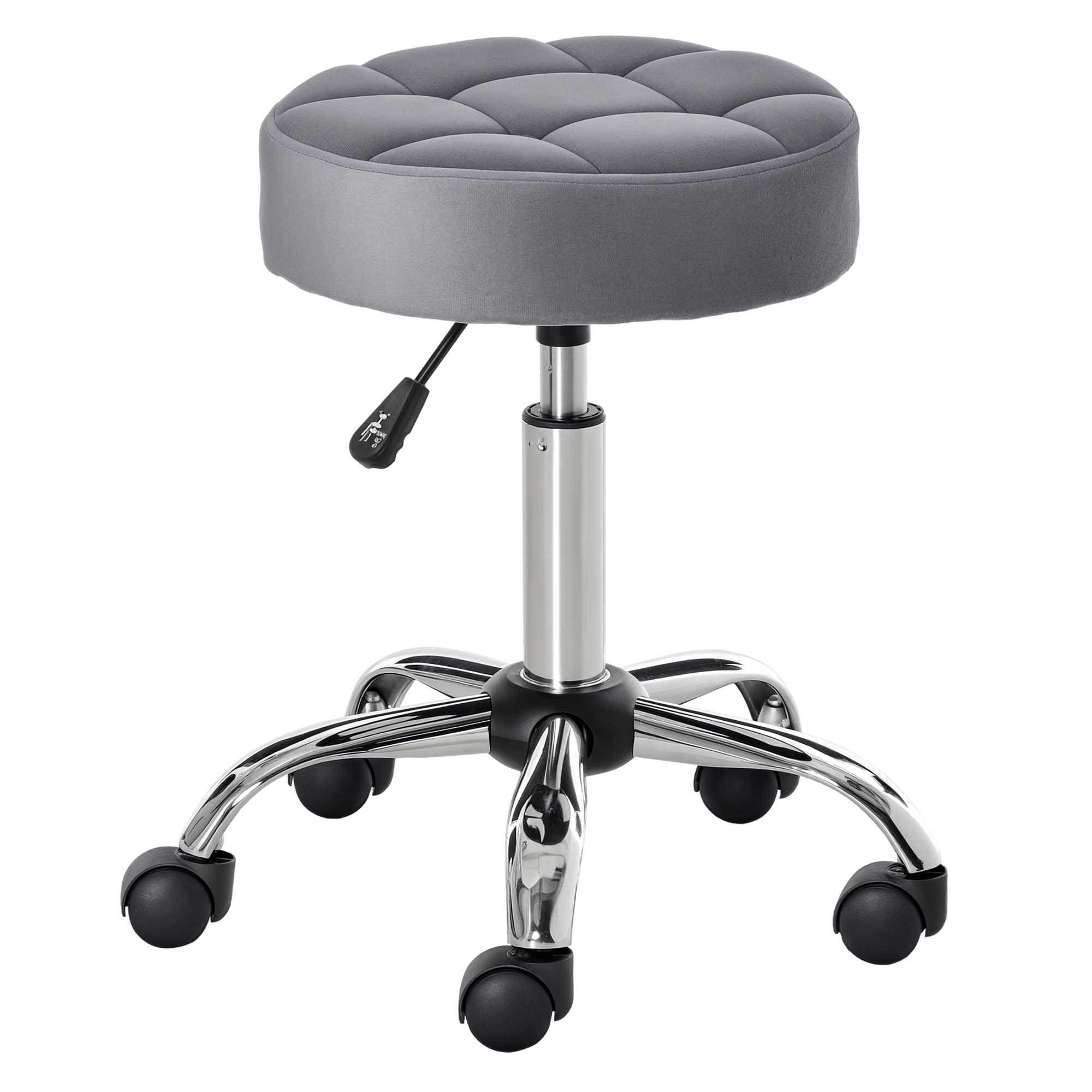 HOMCOM Salonstuhl mit Rädern Rollhocker höhenverstellbar drehbar Samt-Touch Chrom-Basis Grau 35x35x49-61cm für Friseursalons & Kosmetikstudios Aosom.de