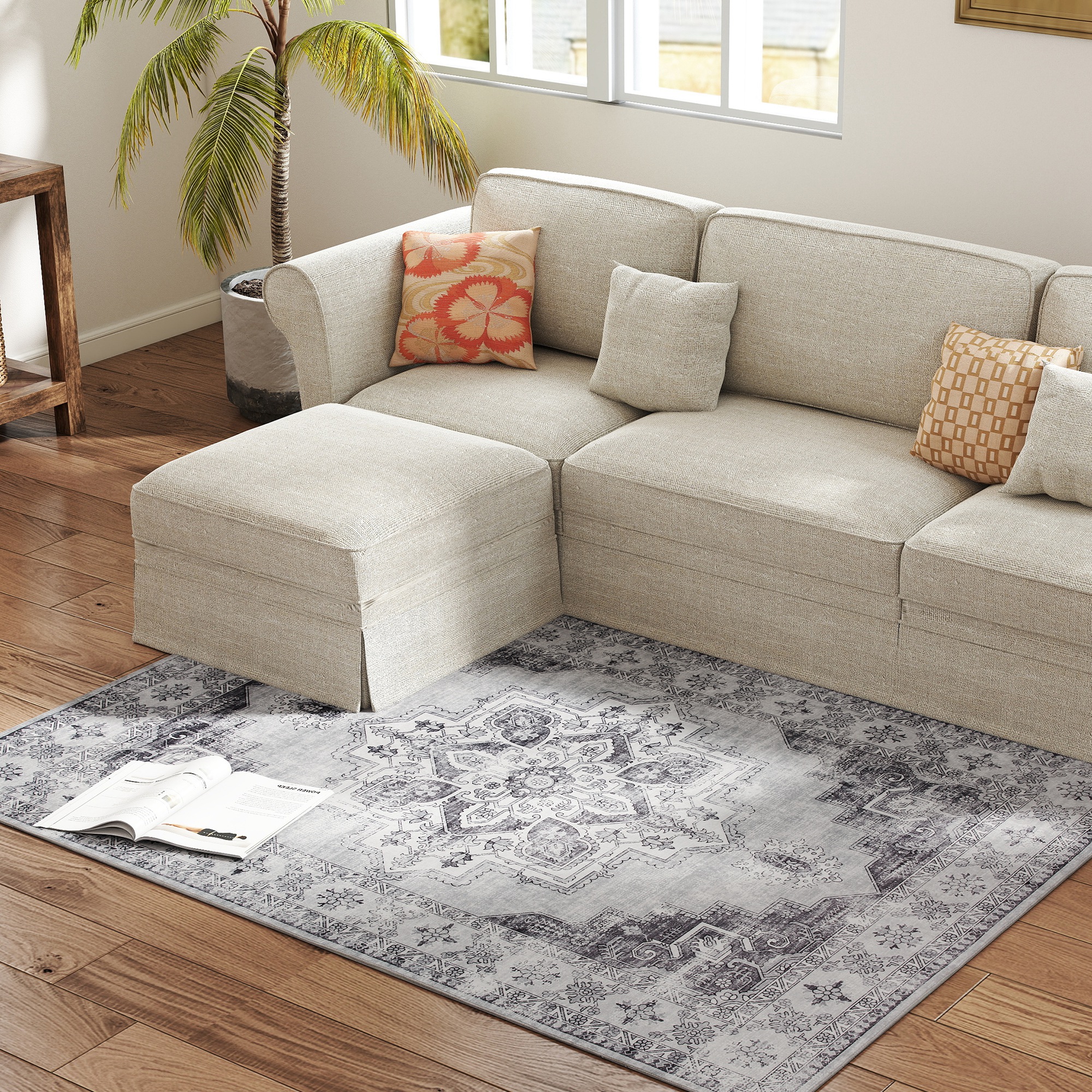 HOMCOM Vintage Area Rug, Non-Slip Washable Rug, Flannel Floor Carpet for Living Room, Bedroom, Dining Room, Home Office, 170 x 120 cm, Grey 8