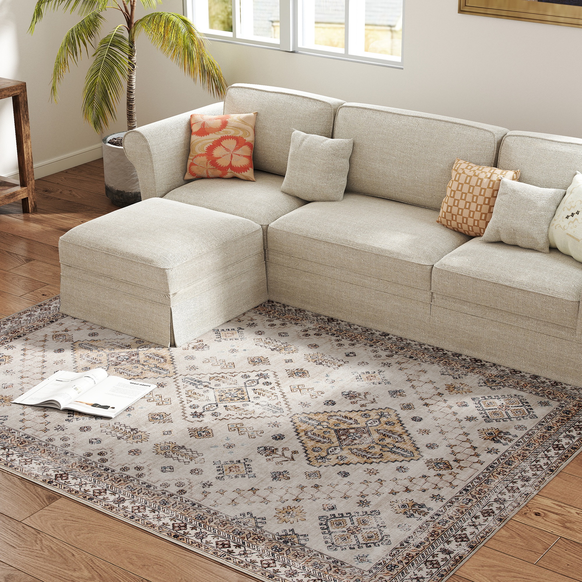HOMCOM Vintage Area Rug, Non-Slip Washable Rug, Flannel Floor Carpet for Living Room, Bedroom, Dining Room, Home Office, 230 x 160 cm, Beige 8