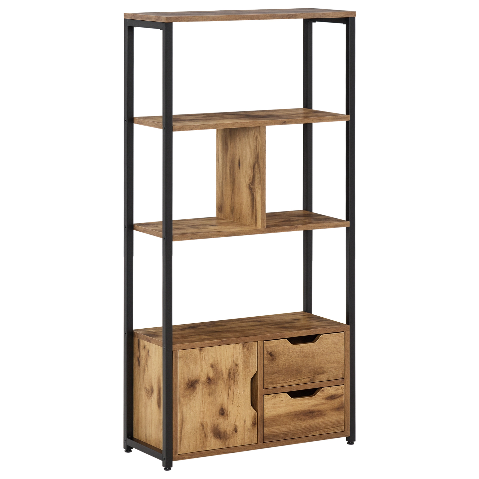 HOMCOM Biblioteca cu 3 Rafturi, Dulap si 2 Sertare, Biblioteca Stil Industrial din PAL si Metal, 58x24x122 cm, Negru si Lemn natur | Aosom Romania
