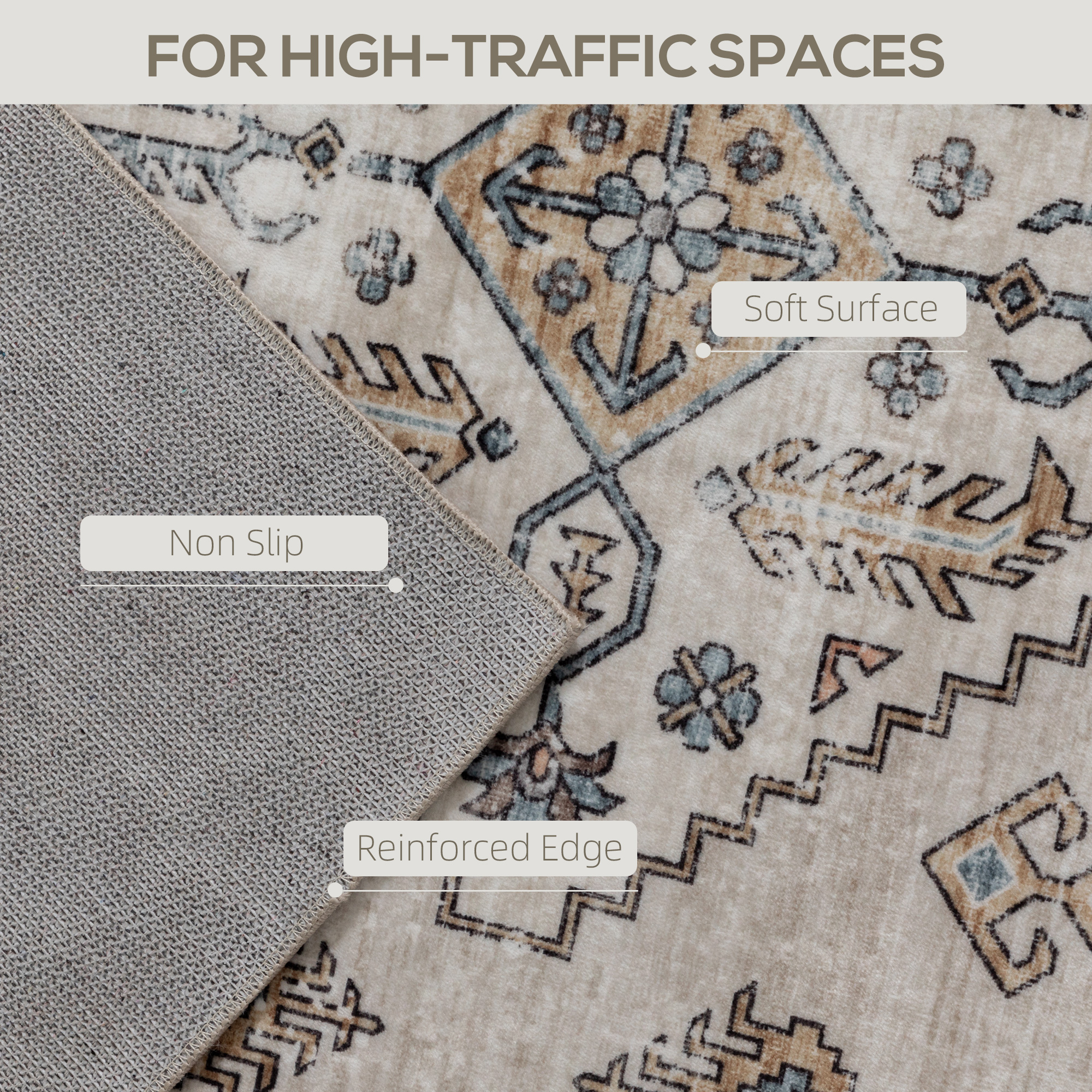 HOMCOM Vintage Area Rug, Non-Slip Washable Rug, Flannel Floor Carpet for Living Room, Bedroom, Dining Room, Home Office, 230 x 160 cm, Beige 4