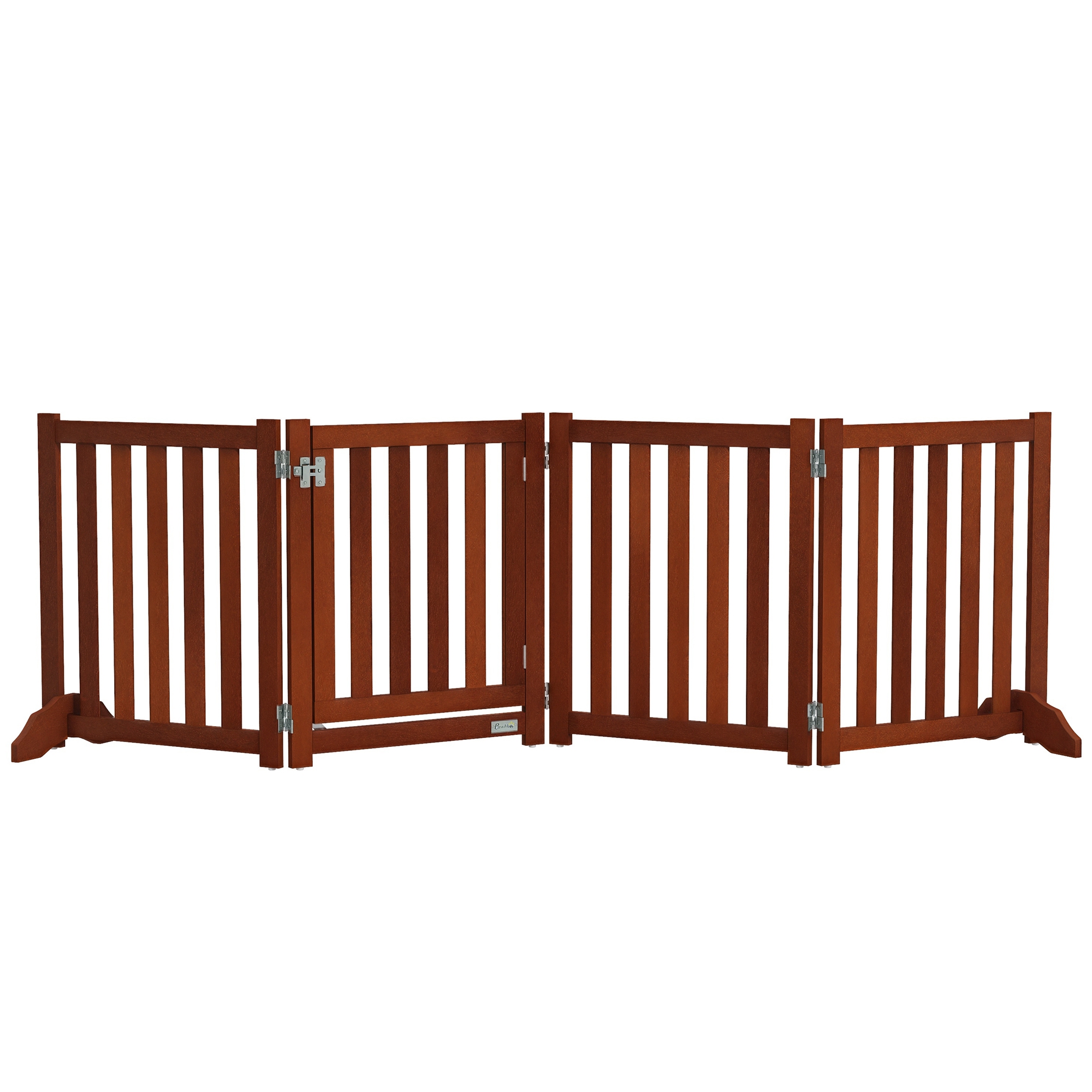 PawHut Barieră de siguranță câine pliabilă dublă față din lemn, 4 panouri cu ușă, picioare de suport, 205 x 60 cm, maro | Aosom Romania