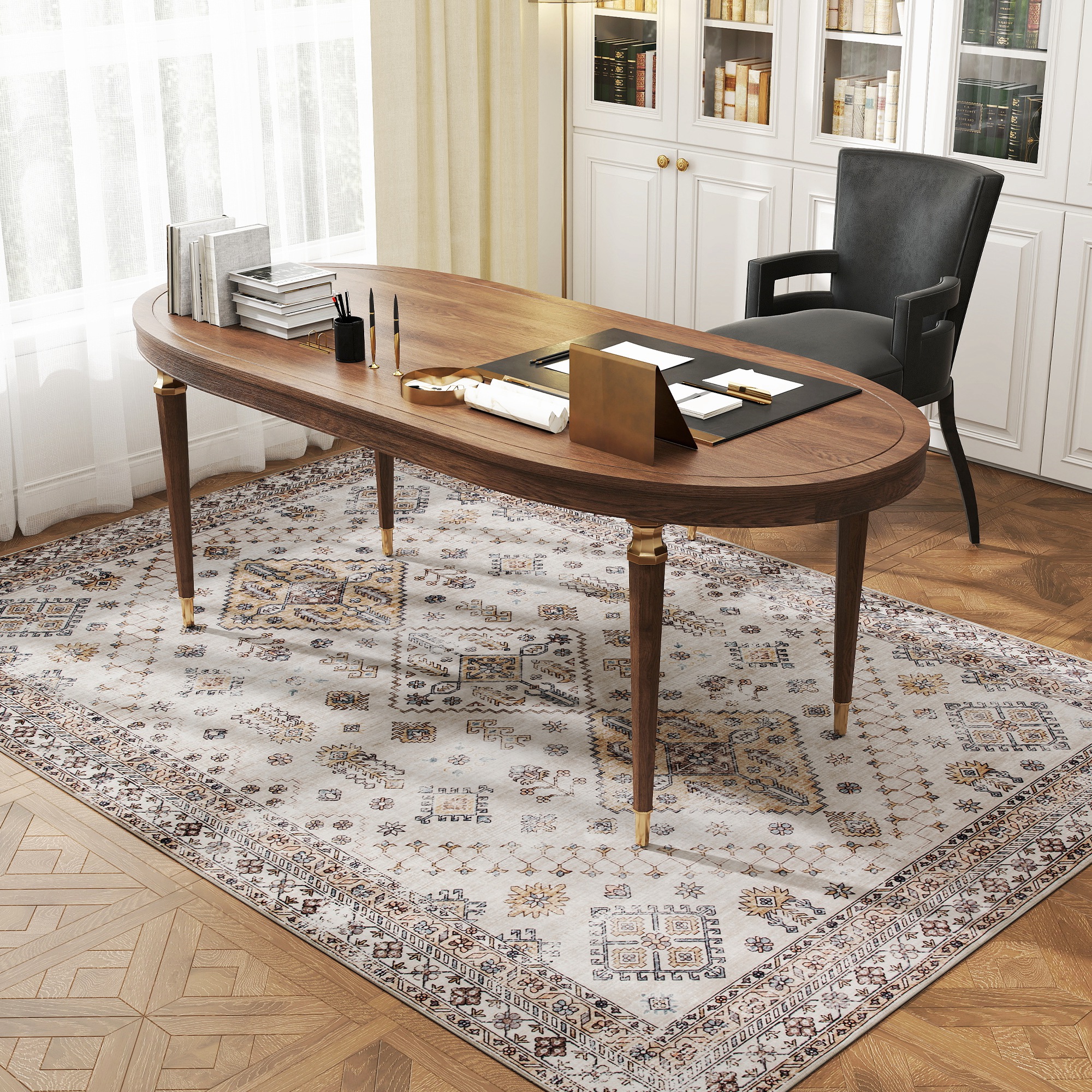 HOMCOM Vintage Area Rug, Non-Slip Washable Rug, Flannel Floor Carpet for Living Room, Bedroom, Dining Room, Home Office, 230 x 160 cm, Beige 9
