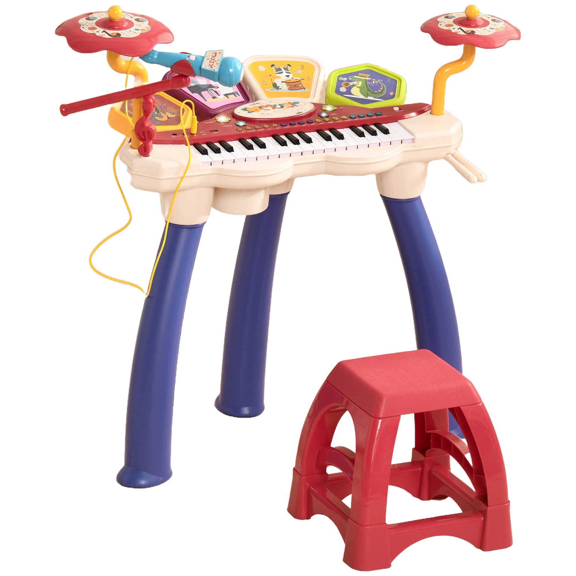 AIYAPLAY Juego de Piano 2 en 1 con Micrófono Luces 19 Canciones Batería y Volumen Ajustable 74x32,2x71cm Multicolor | Aosom España