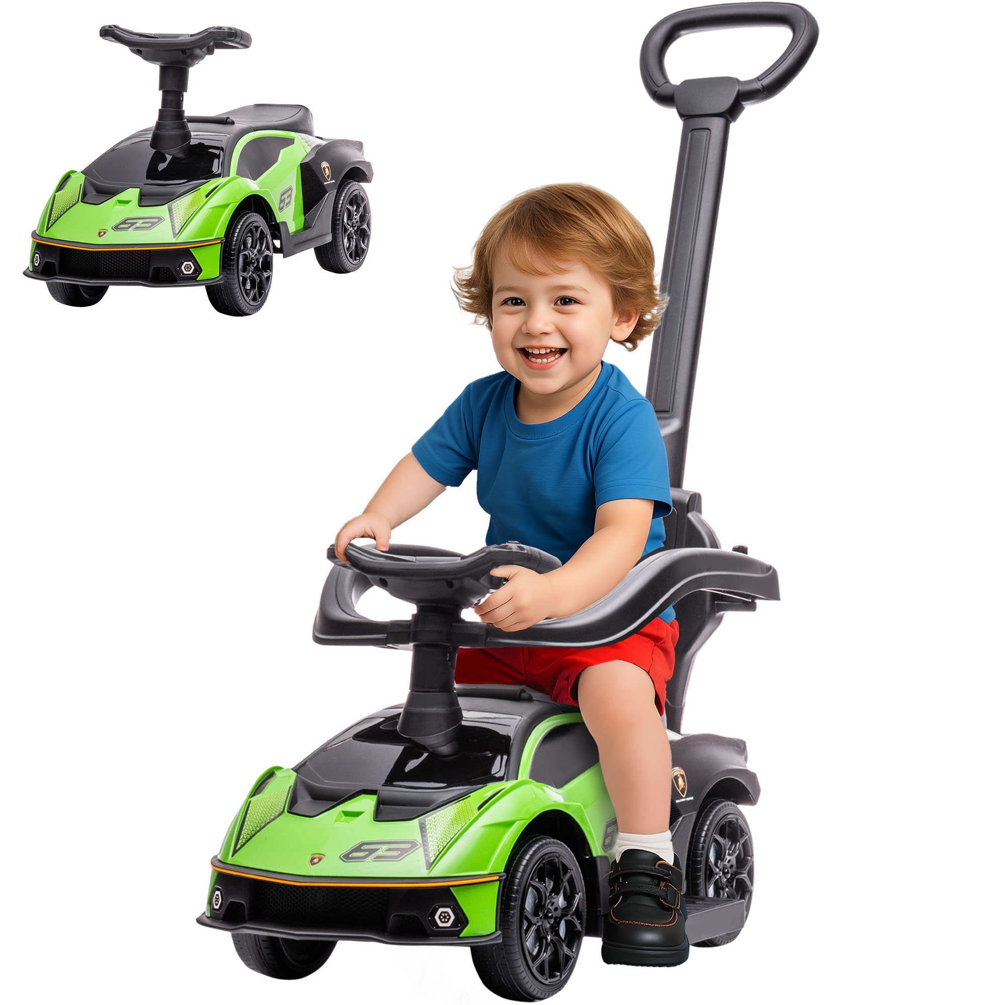 Image of AIYAPLAY Macchinina per Bambini Lamborghini Cavalcabile con Sedile Contenitore, Poggiapiedi, Maniglione di Spinta e Barriera di Sicurezza, Verde Aosom006