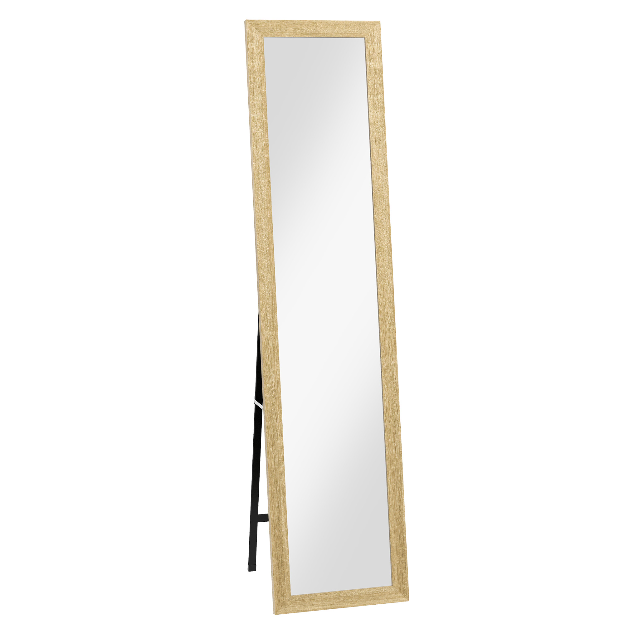 HOMCOM, Oglindă pe suport, pentru perete sau așezare, cu ramă din lemn, pentru living sau dormitor, 37 x 155 cm, maro deschis | Aosom Romania