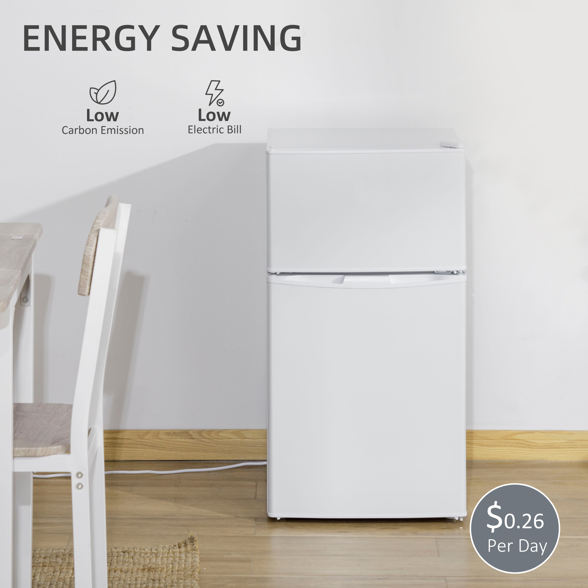 HOMCOM 88L Under Counter Fridge Freezer, Small Refrigerator with 5-Setting, 3 Star Freezer Rating, White 8