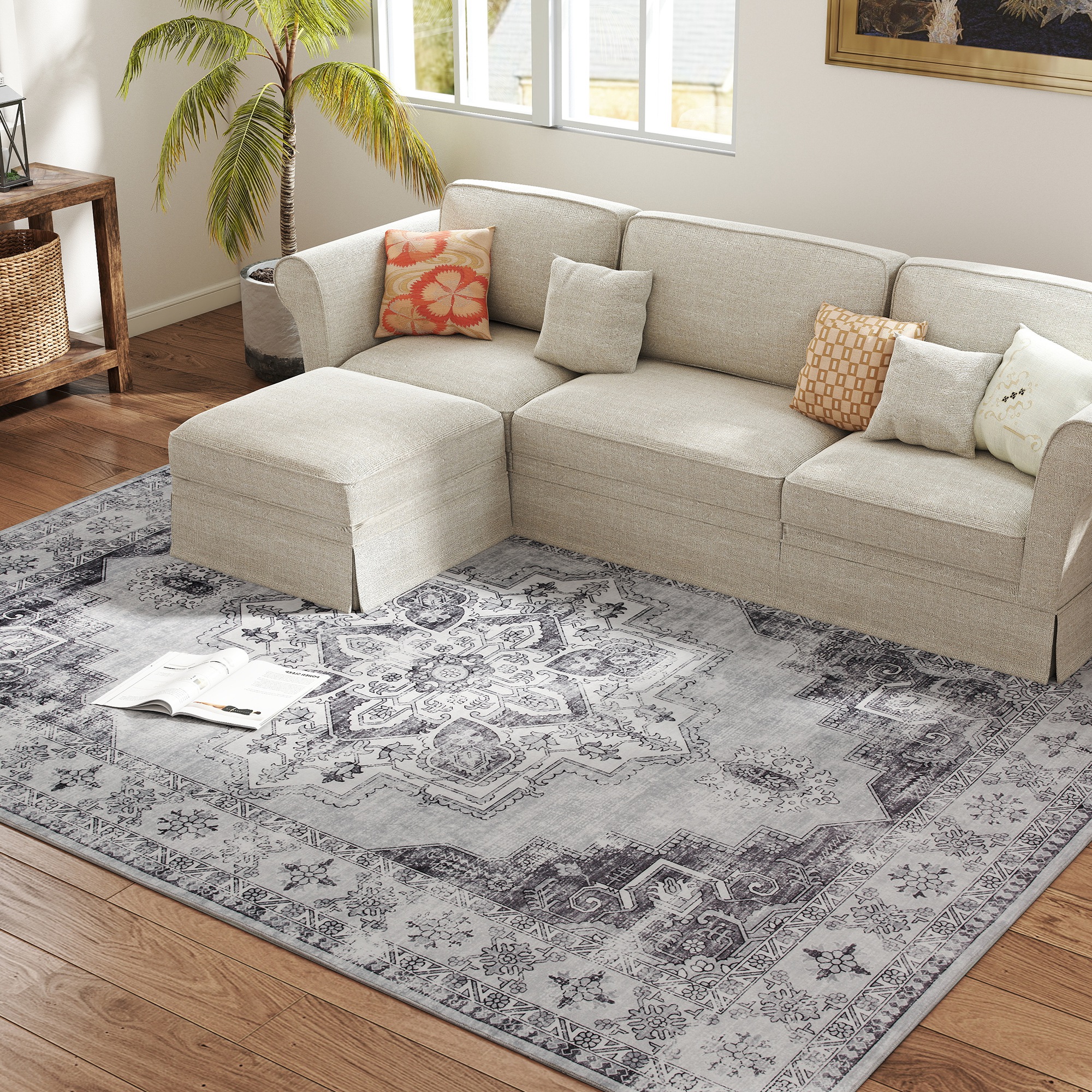 HOMCOM Vintage Area Rug, Non-Slip Washable Rug, Flannel Floor Carpet for Living Room, Bedroom, Dining Room, Home Office, 290 x 200 cm, Grey 8