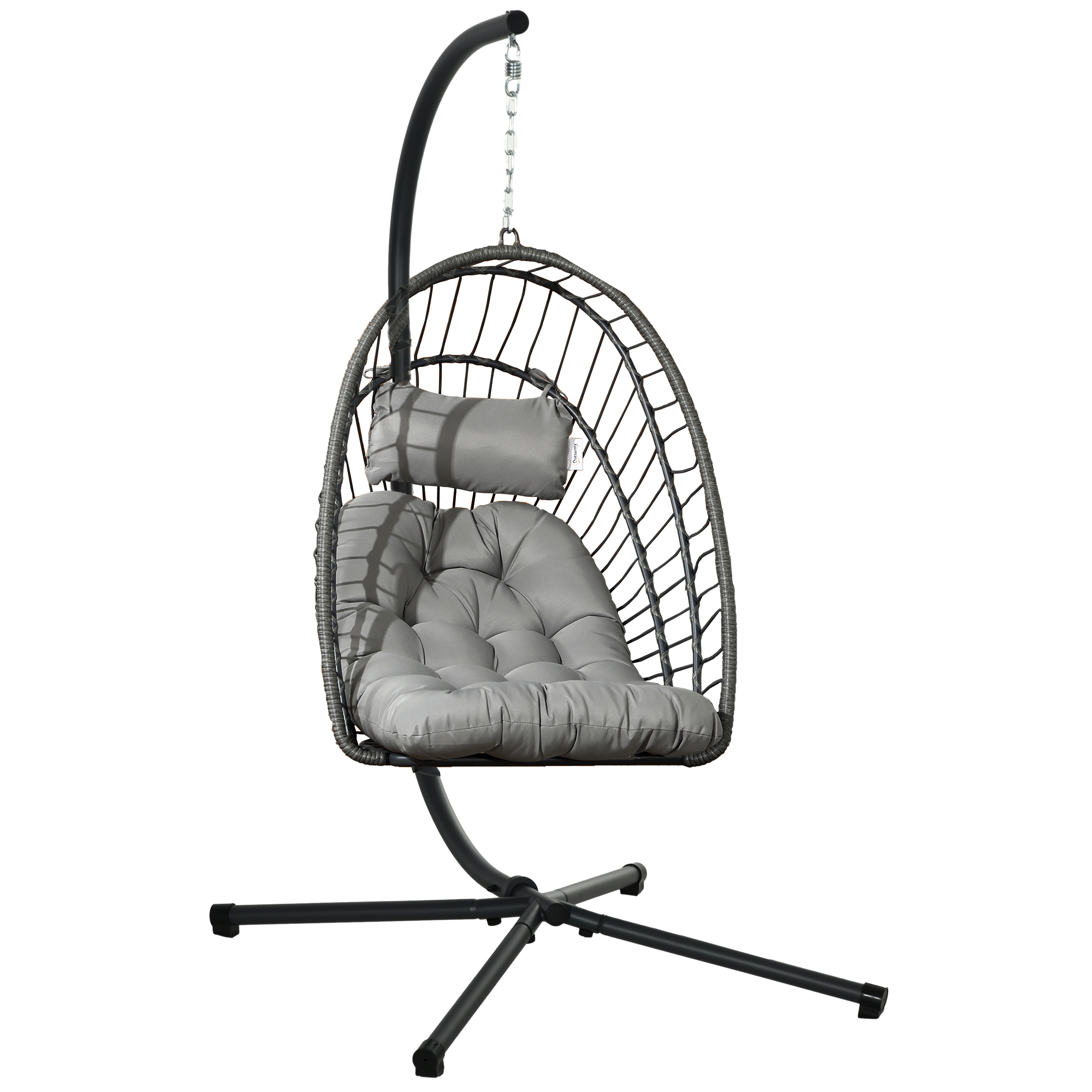 Outsunny Silla Colgante Plegable con Soporte y 2 Cojines Carga 100 kg para Interior y Exterior en Acabado de Ratán PE Gris Oscuro | Aosom España