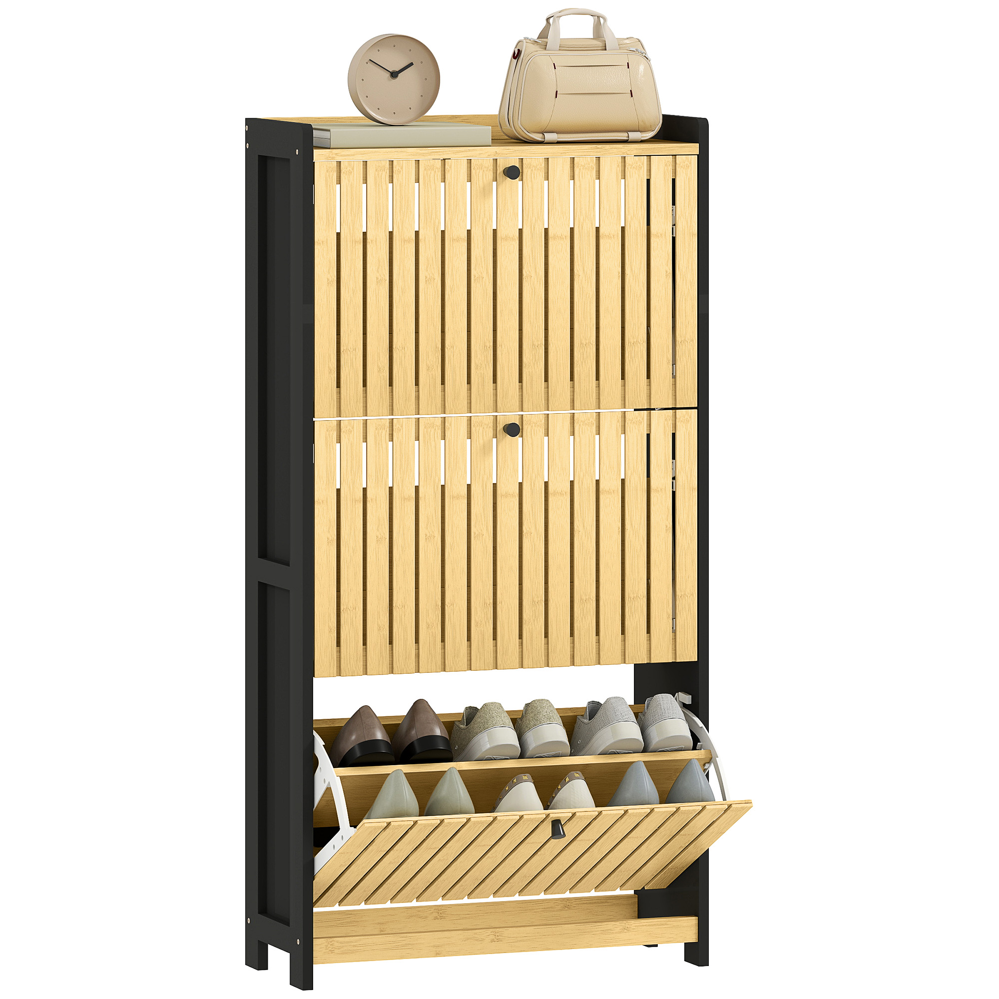 HOMCOM Mobila pentru pantofi 18 perechi cu 3 sertare rabatabile, uși din bambus cu lamele, 60x24x118cm, negru și lemn natural | Aosom Romania