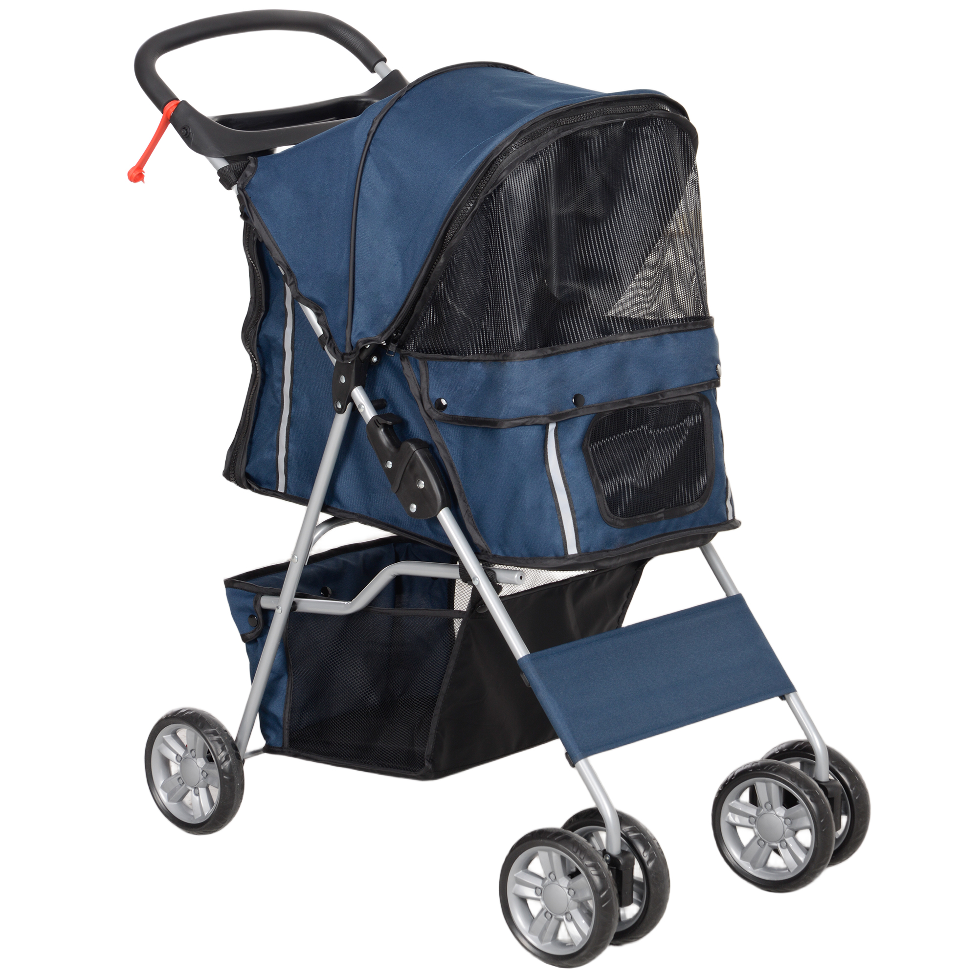 PawHut Carrito para Perros Pequeños con Toldo Ajustable Cesta de Almacenaje Portavasos y 2 Ruedas  75x45x97 cm Azul Oscuro