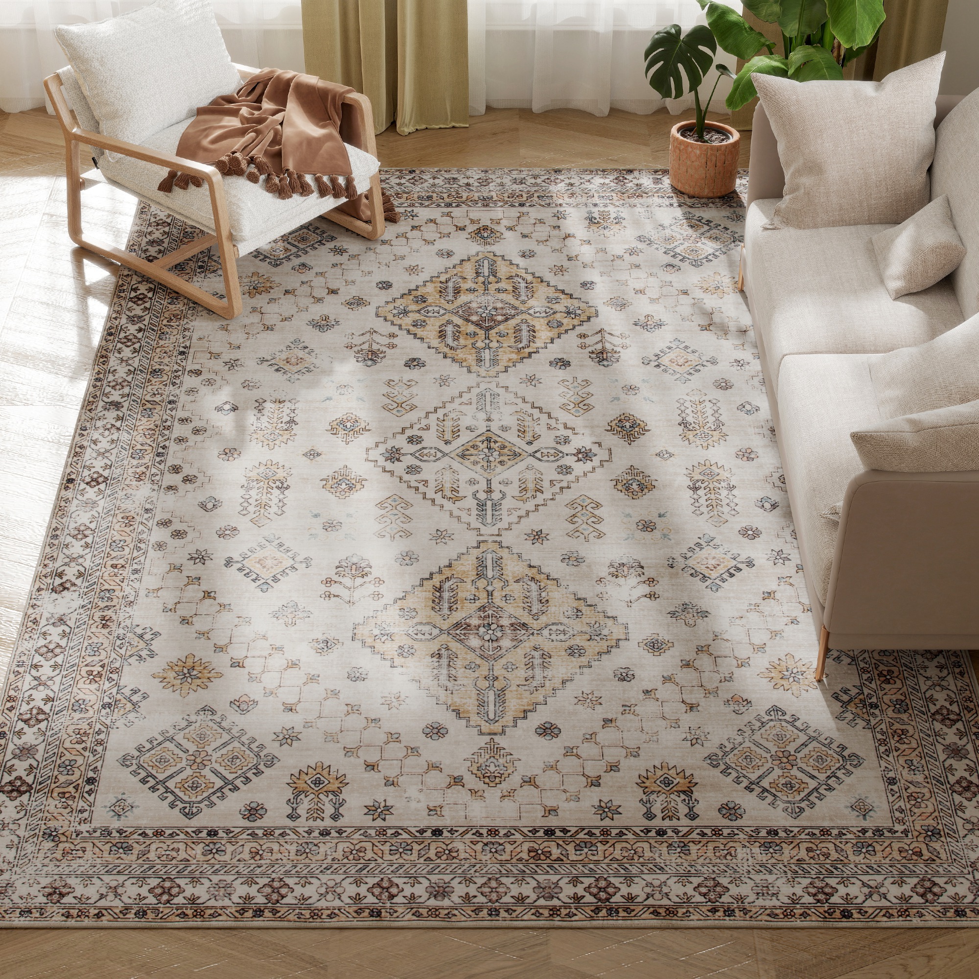 HOMCOM Vintage Area Rug, Non-Slip Washable Rug, Flannel Floor Carpet for Living Room, Bedroom, Dining Room, Home Office, 290 x 200 cm, Beige 9