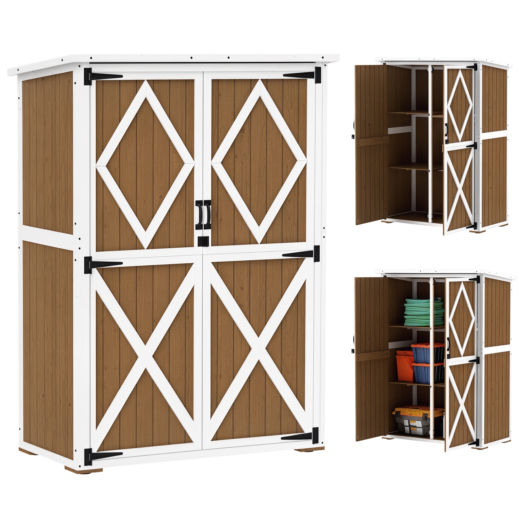 Outsunny Capanno da Giardino in Legno di Abete con 2 Ripiani e 2 Porte, 116.5x57x159/167 cm, Marrone e Bianco