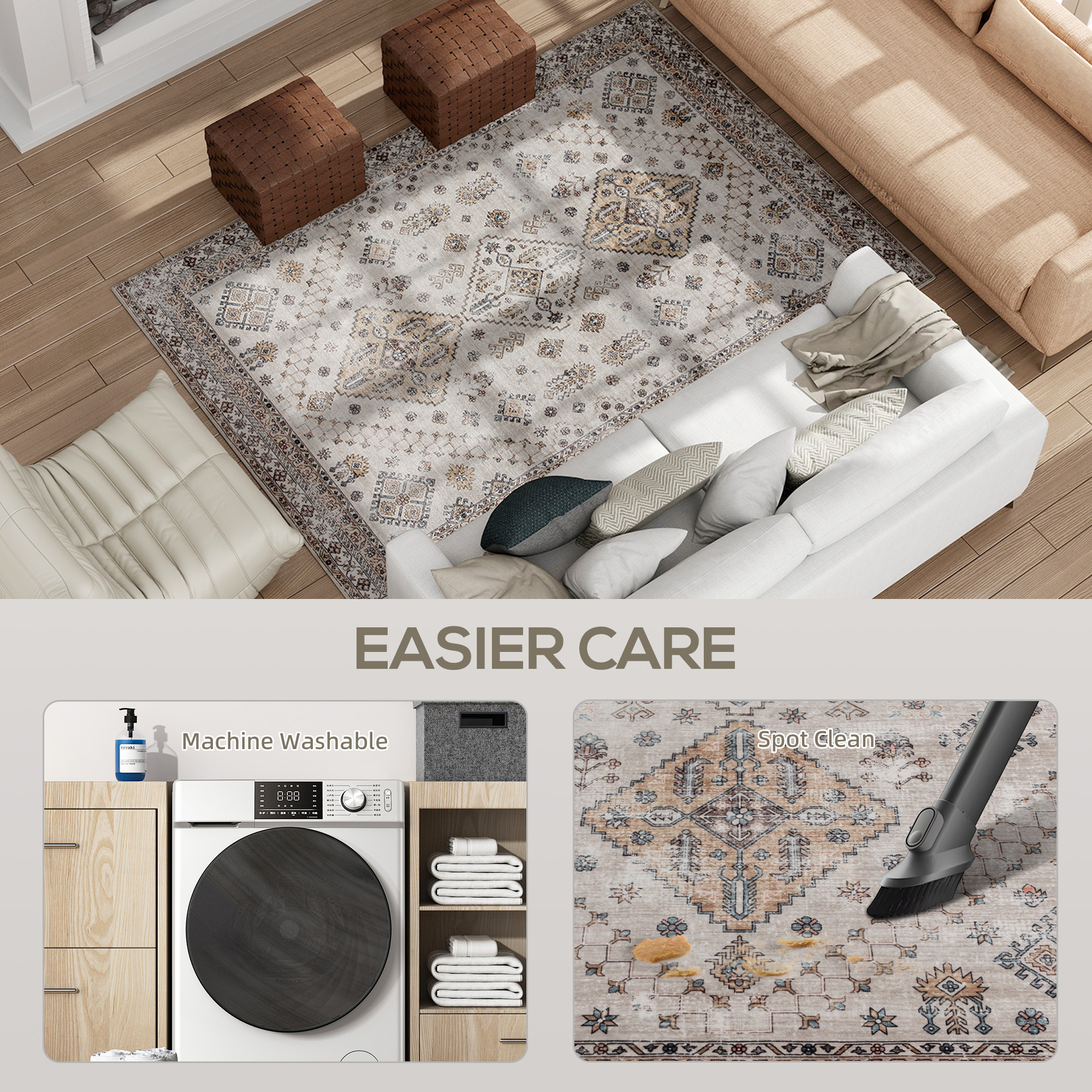 HOMCOM Vintage Area Rug, Non-Slip Washable Rug, Flannel Floor Carpet for Living Room, Bedroom, Dining Room, Home Office, 230 x 160 cm, Beige 5