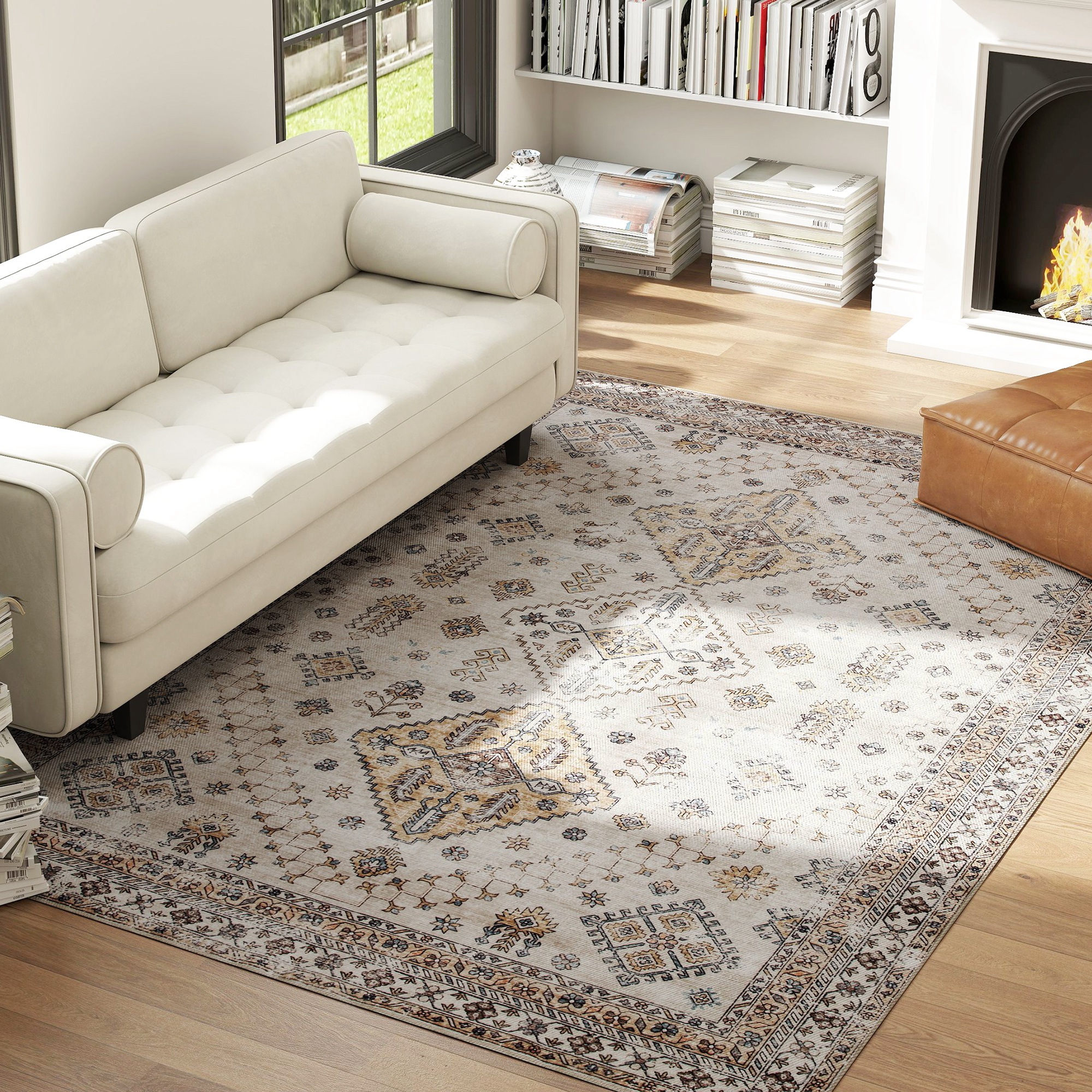 HOMCOM Vintage Area Rug, Non-Slip Washable Rug, Flannel Floor Carpet for Living Room, Bedroom, Dining Room, Home Office, 290 x 200 cm, Beige 2