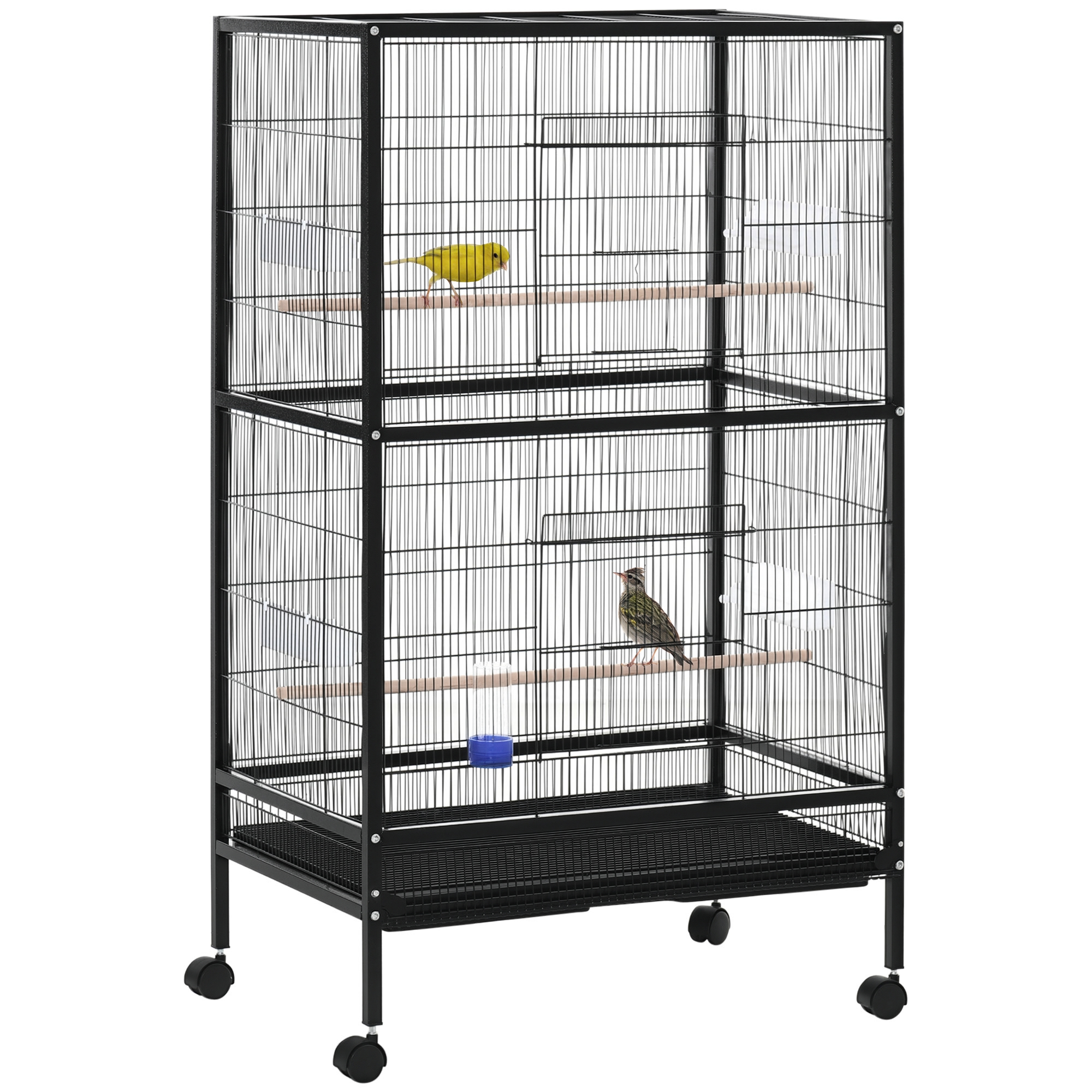 PawHut Jaula para Pájaros con 4 Ruedas Pajarera Metálica con Múltiples Puertas 4 Comederos Bebedero 2 Perchas y Bandeja 79x52x137 Negro | Aosom España