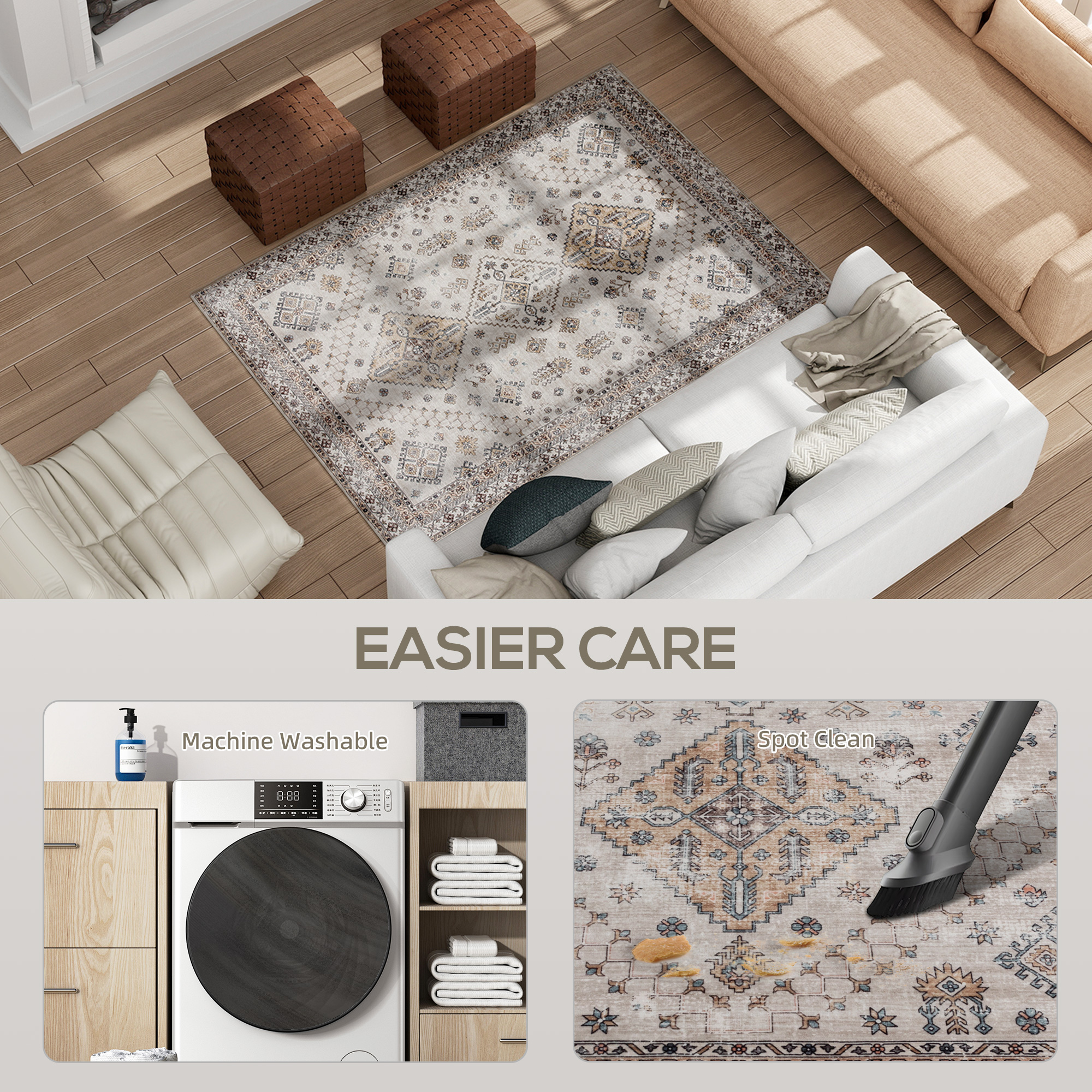 HOMCOM Vintage Area Rug, Non-Slip Washable Rug, Flannel Floor Carpet for Living Room, Bedroom, Dining Room, Home Office, 170 x 120 cm, Beige 5