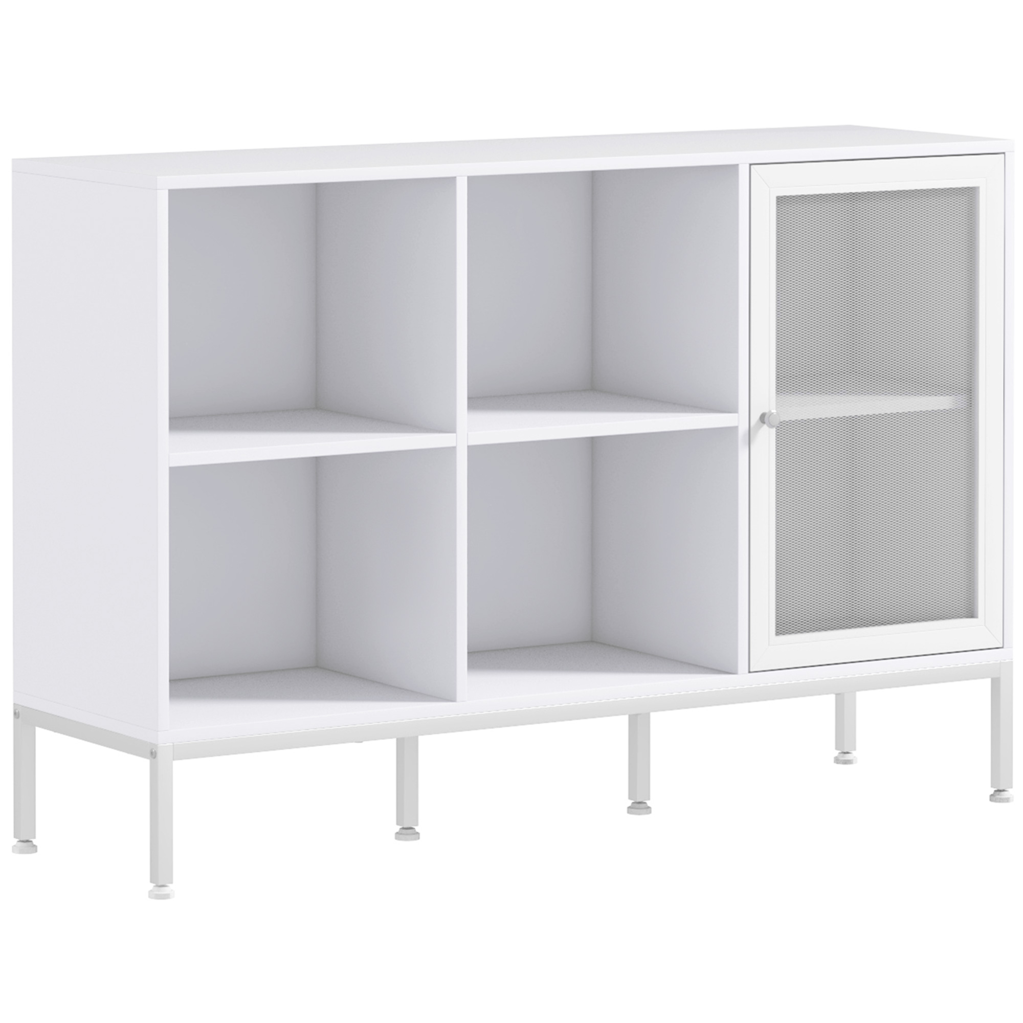 HOMCOM Dulap Modern de Depozitare cu Ușă din Plasă, 4 Compartimente Deschise și Raft Reglabil, 120x37x81.5 cm, Alb | Aosom Romania