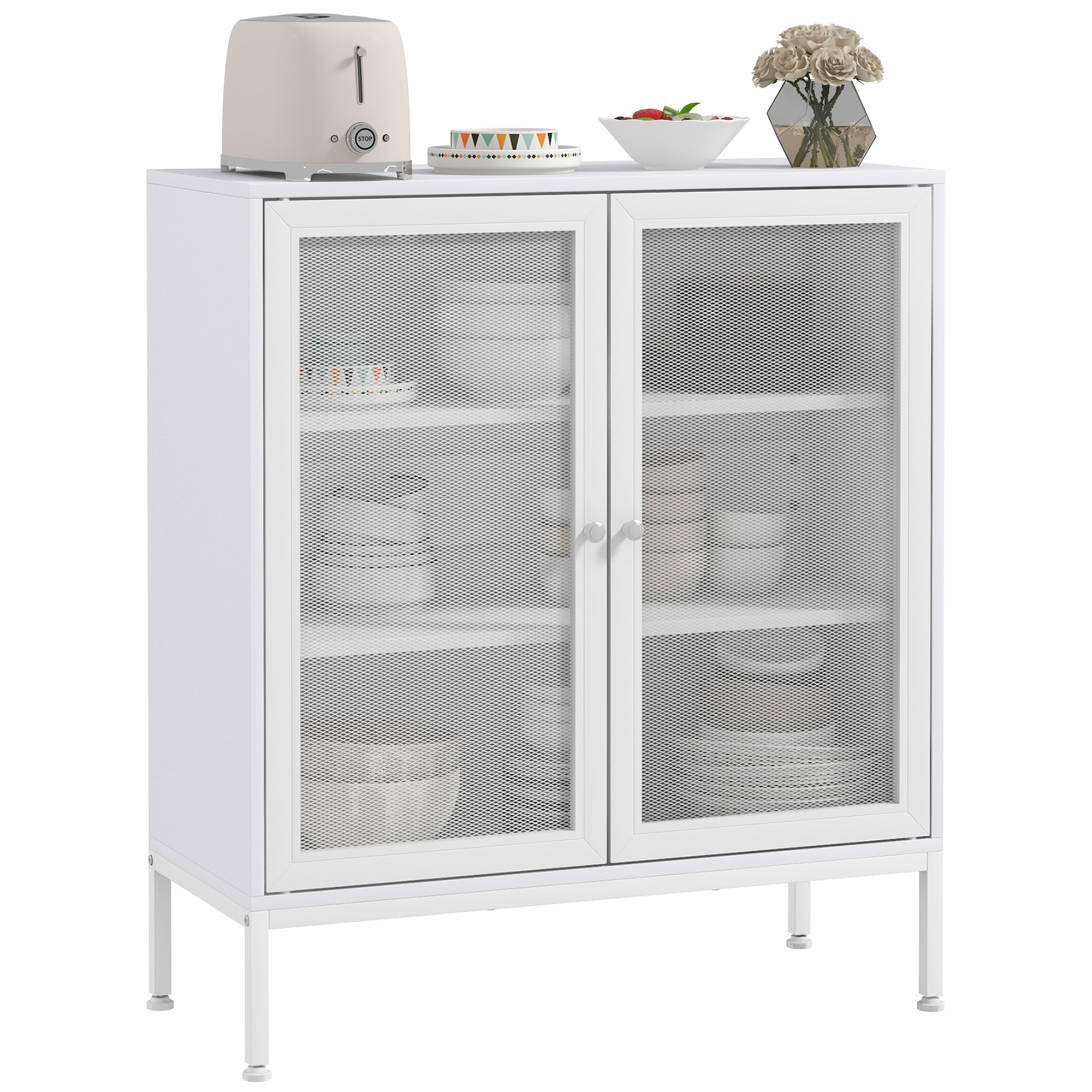 HOMCOM Bufet mobilier de bucătărie la 3 niveluri cu 2 uși perforate cu raft reglabil 80 x 37 x 92 cm alb | Aosom Romania