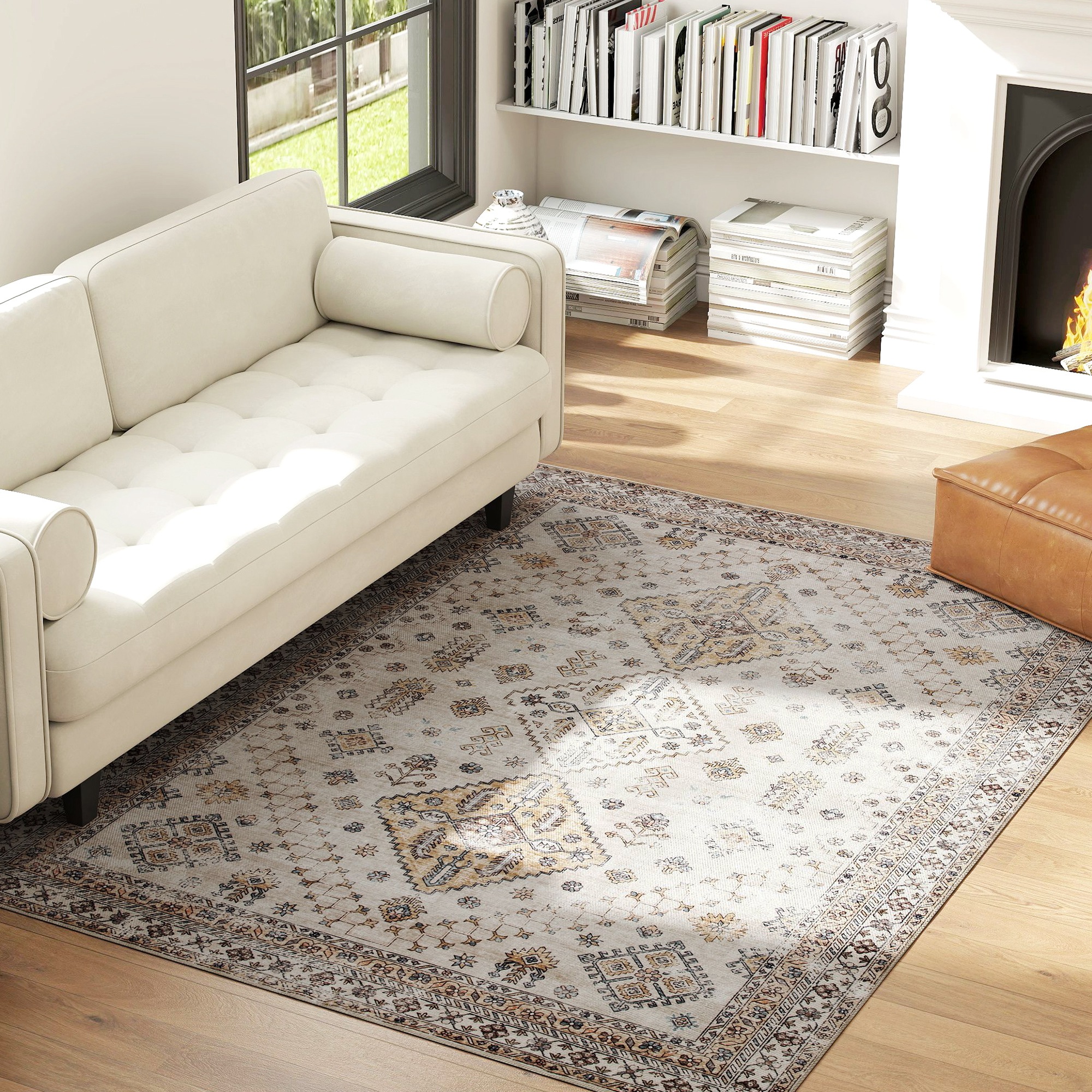HOMCOM Vintage Area Rug, Non-Slip Washable Rug, Flannel Floor Carpet for Living Room, Bedroom, Dining Room, Home Office, 230 x 160 cm, Beige 2