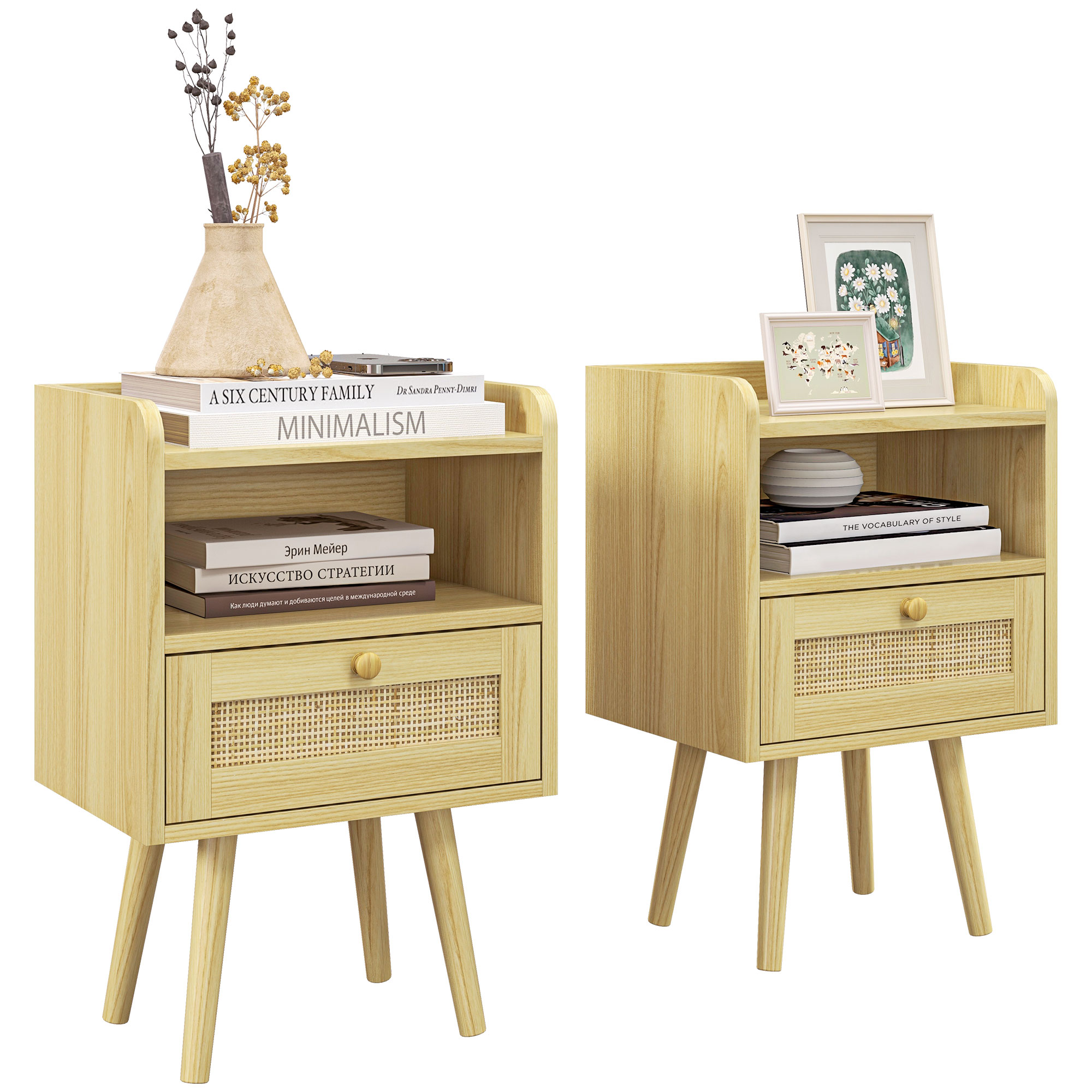 HOMCOM Set de 2 noptiere cu sertar efect răchită și spațiu deschis, 40 x 30 x 60 cm, efect lemn natural | Aosom Romania