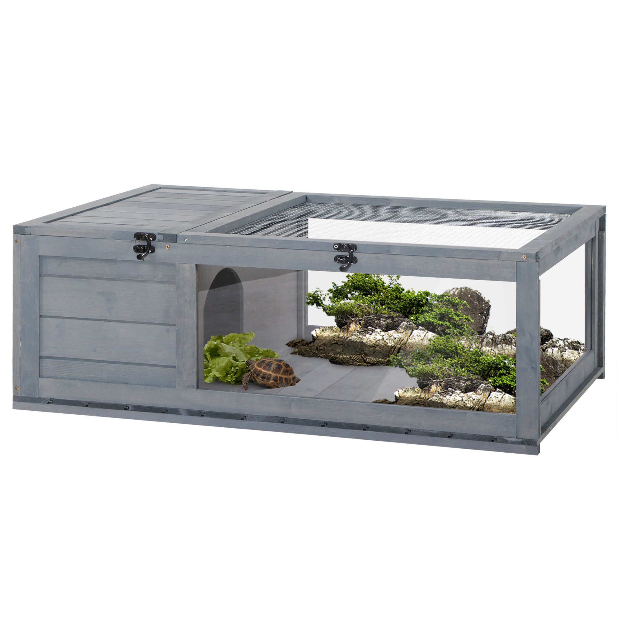 PawHut Cușcă pentru animale mici țestoase cu 2 spații 91 x 60,5 x 32 cm lemn masiv gri | Aosom Romania