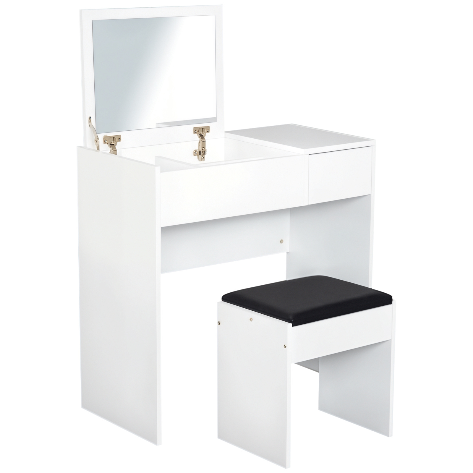 HOMCOM Tocador Compacto con Espejo Abatible y Cajones y Taburete Estilo Minimalista Escritorio Pequeño 80x40x79cm Blanco | Aosom España