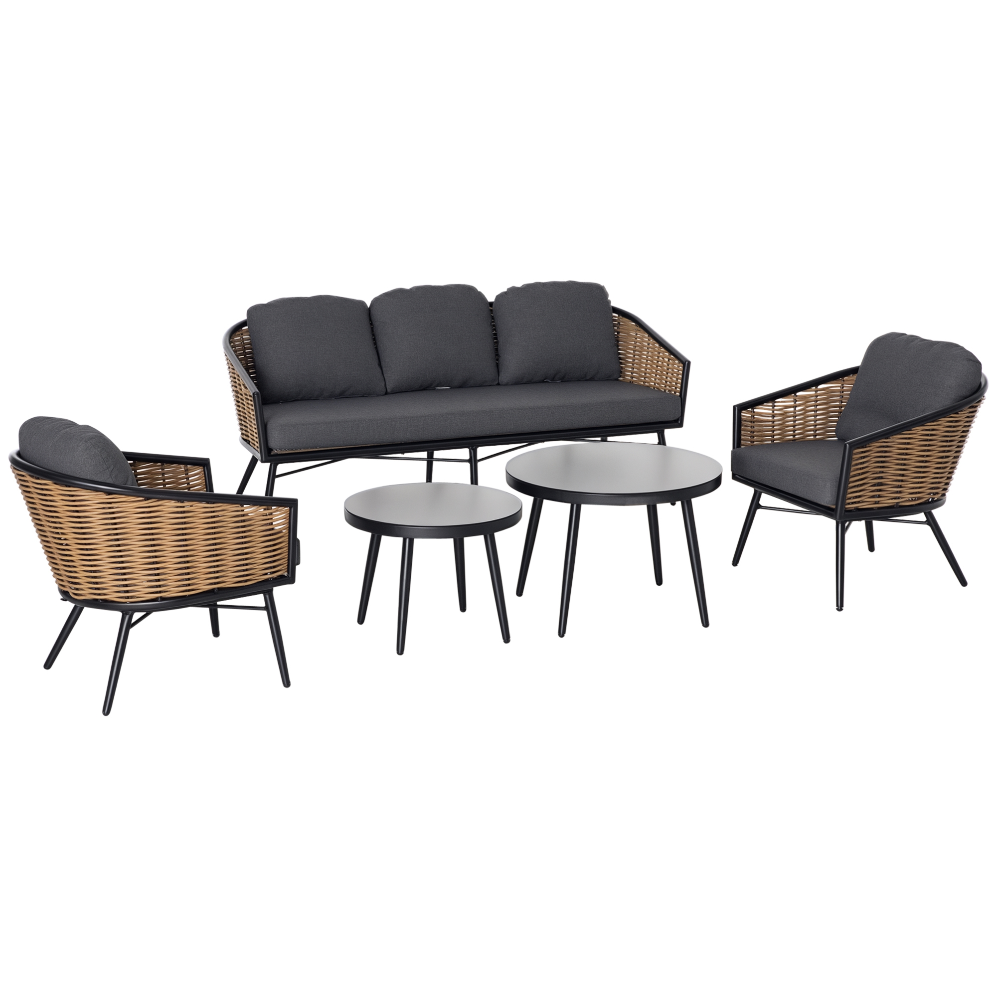 Outsunny Set Mobili da Giardino 5 Pezzi in Rattan, Salottino Esterno Elegante con Divano 3 Posti, 2 Poltrone, 2 Tavolini, Cuscini Comodi Aosom