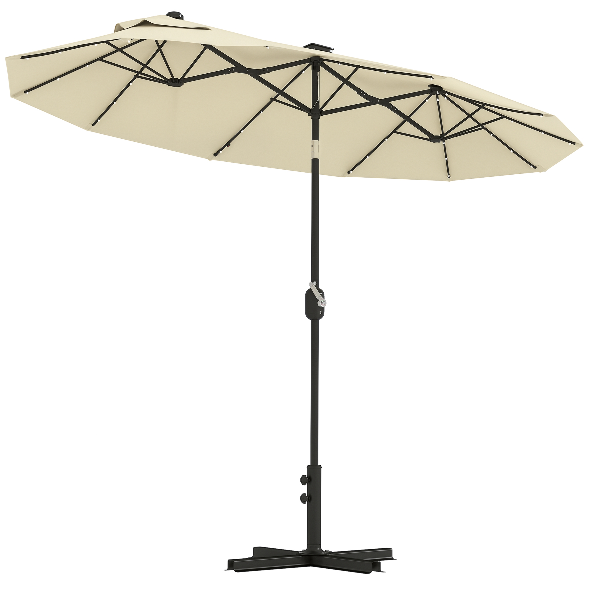 Outsunny Umbrelă Dublă Înclinabilă cu Manivelă, Lumini LED, Bază în Cruce şi Orificii de Ventilaţie, 295x150 cm, Alb Crem | Aosom Romania