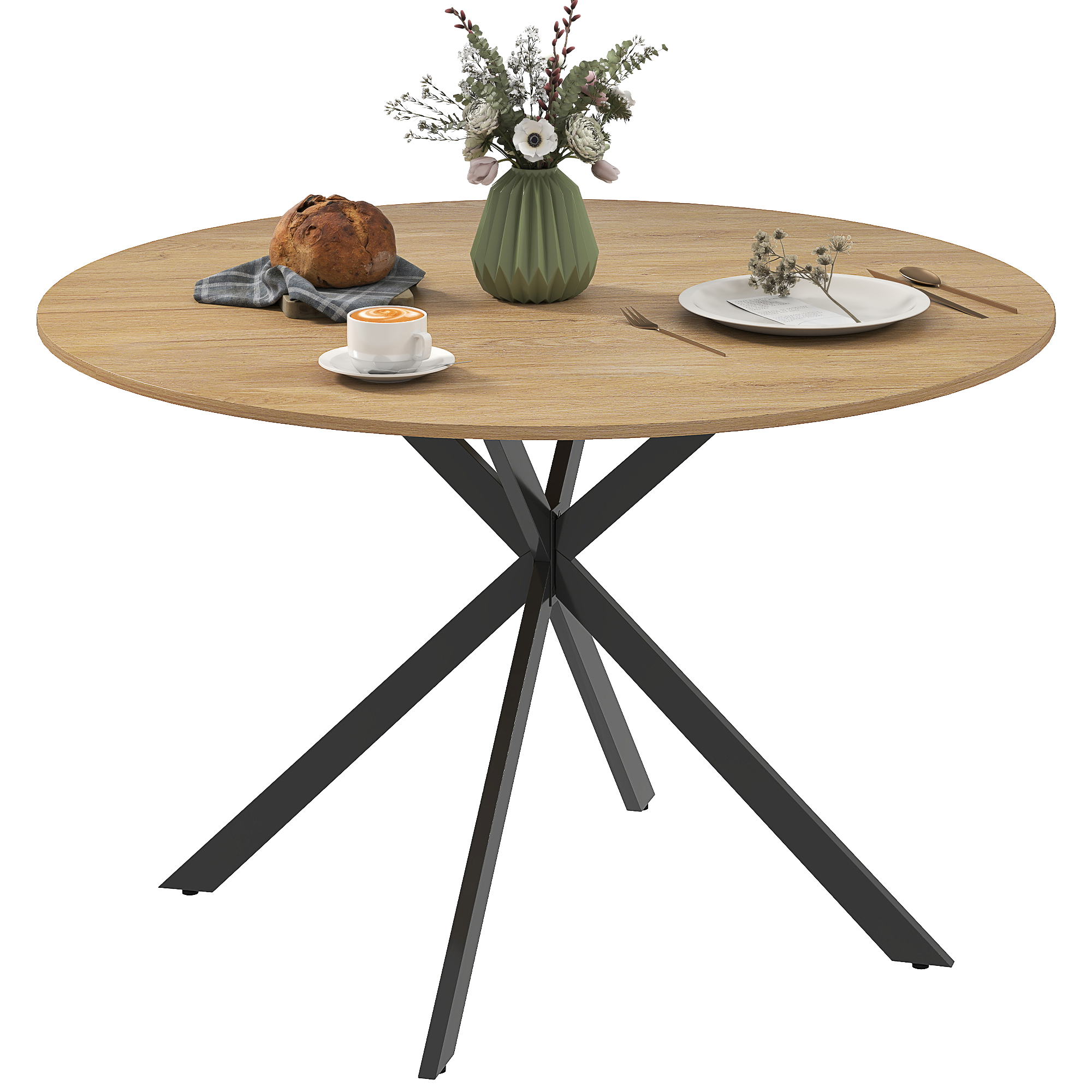 HOMCOM Masă de dining rotundă pentru 4 persoane 120 cm stil industrial cu plank aspect lemn, picioare incrucisate din oțel, stejar | Aosom Romania