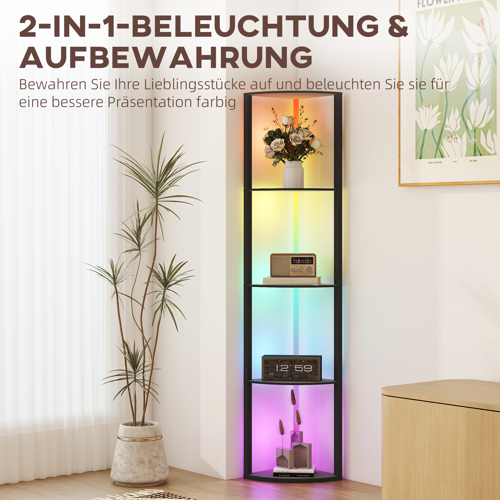 LED-põrandalamp, 5-astmeline hämardamine, riiuliga, RGB värvimuutus, puldiga