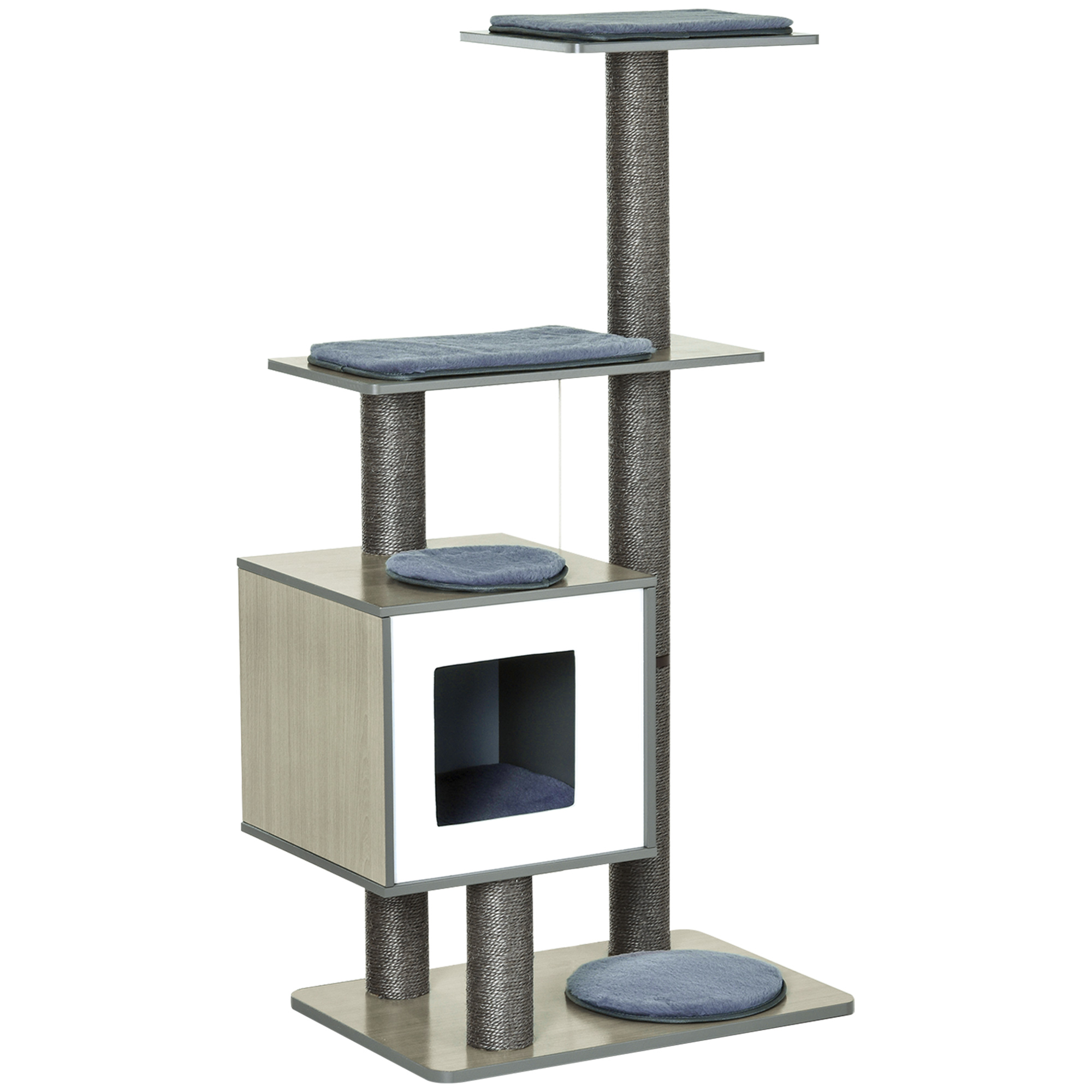 PawHut Árbol Rascador de Madera para Gatos con Cueva Plataformas Postes Rascadores y Cojines 71,5x49,5x120 cm Gris | Aosom España