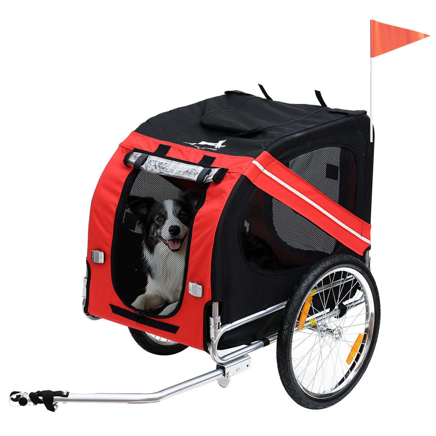 PawHut Remorcă bicicletă pentru câini, 8 reflectoare, drapel, bară tractare, oțel și poliester, 30 kg, 130x73x90 cm, roșu | Aosom Romania