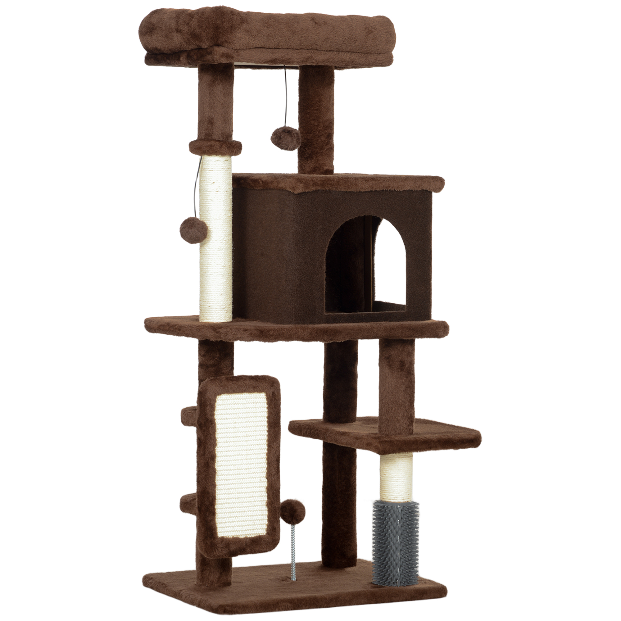 PawHut Árbol Rascador para Gatos 104 cm con Plataformas Poste con Cepillo Bolas Colgantes y Almohadilla para Rascar Marrón