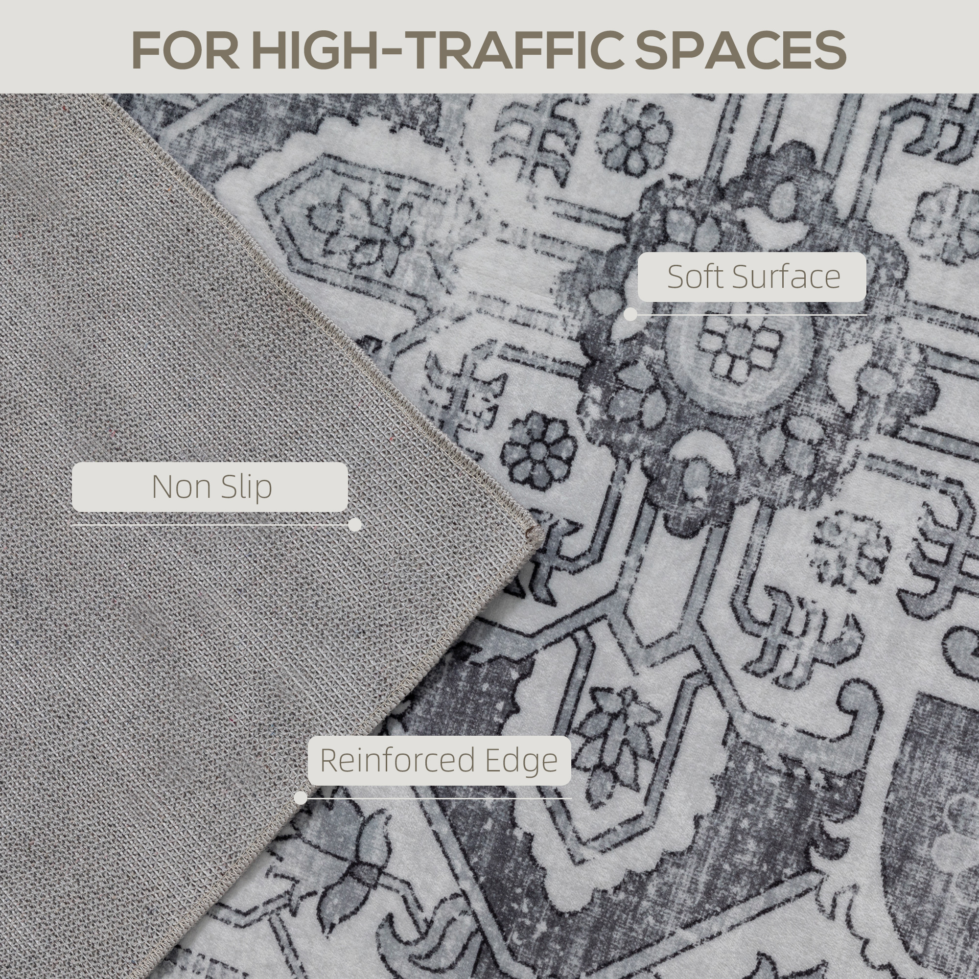 HOMCOM Vintage Area Rug, Non-Slip Washable Rug, Flannel Floor Carpet for Living Room, Bedroom, Dining Room, Home Office, 170 x 120 cm, Grey 4